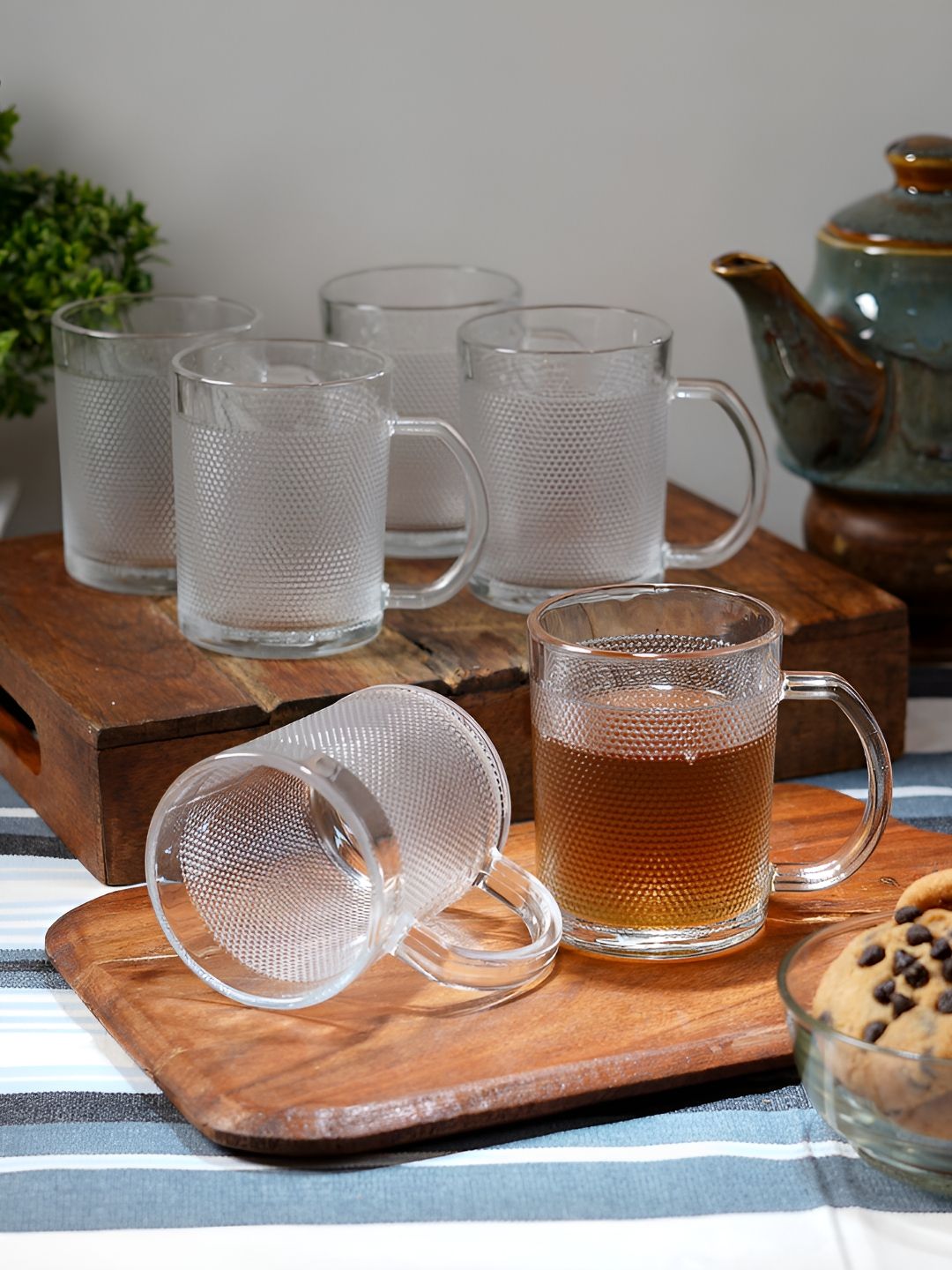 ceradeco Transparent 6 Pieces Textured Glass Mugs  200 ml