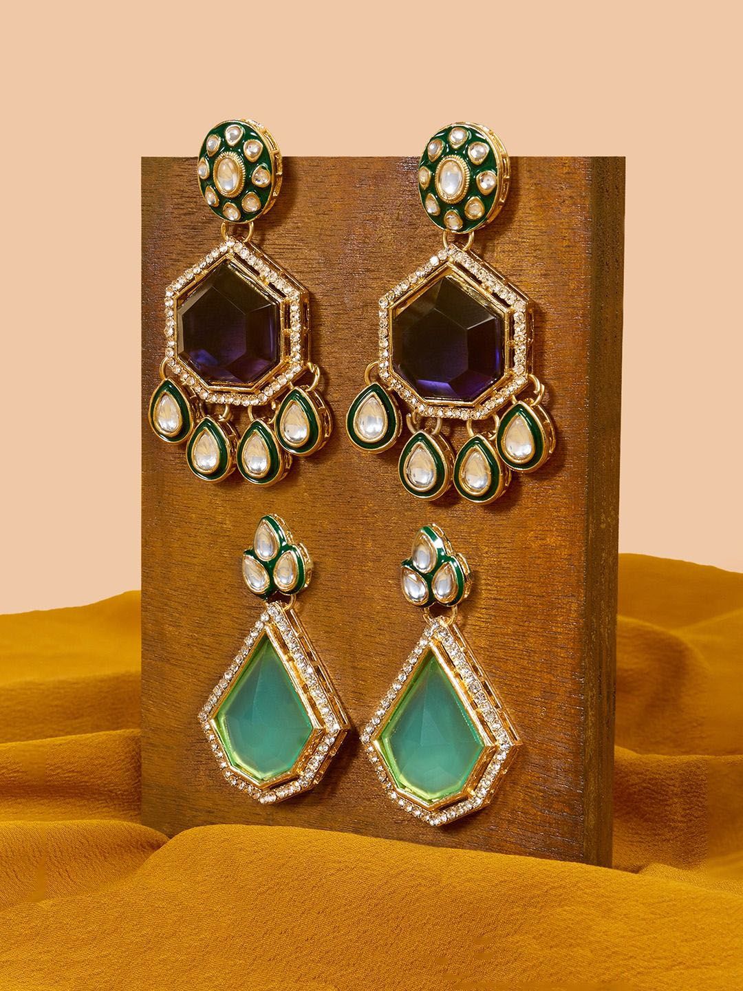 Zaveri Pearls Set of 2 Gold-Plated Contemporary Drop Earrings-picture-19