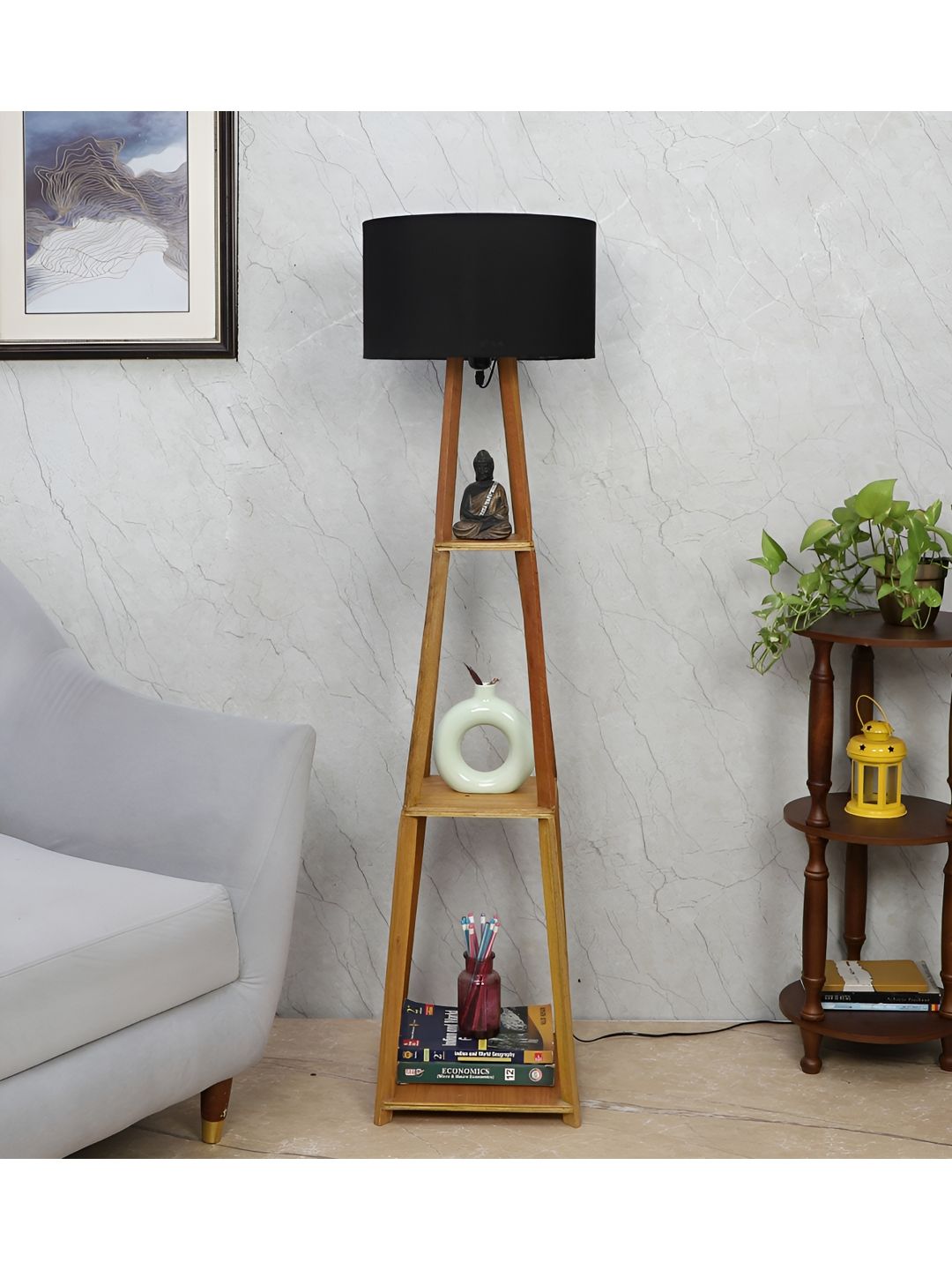 TU CASA Brown & Black Cylindrical Shaped Wooden Floor Lamp-image-32