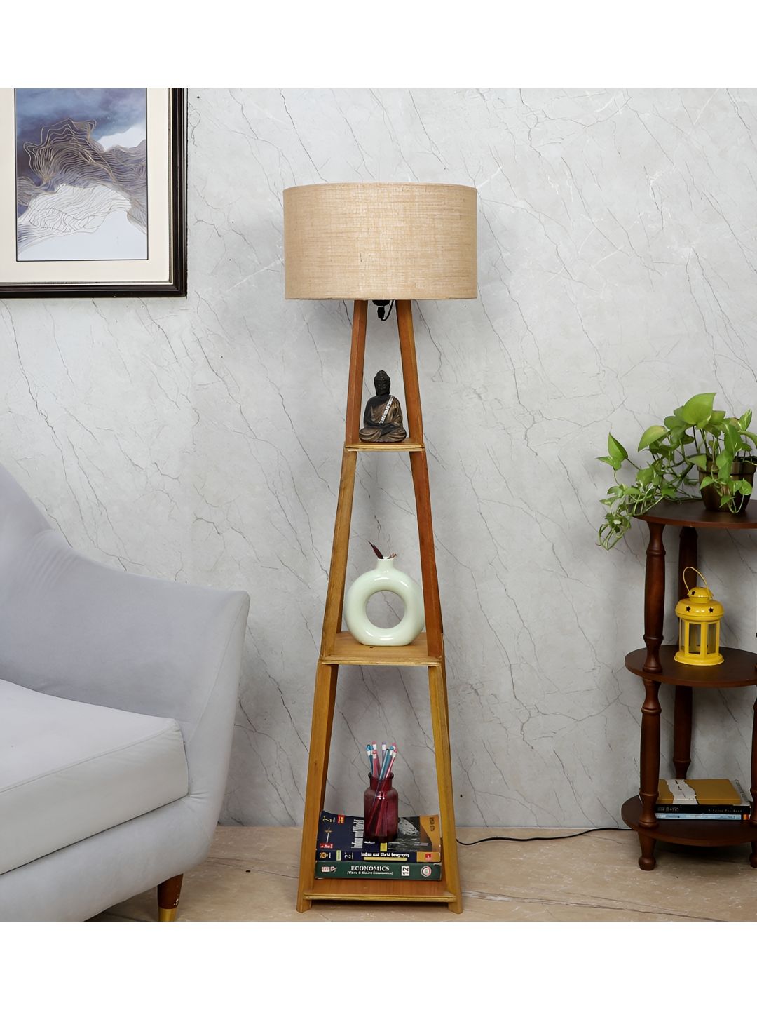 TU CASA Off White & Brown Wooden Cylindrical Shaped Floor Lamps-image-1