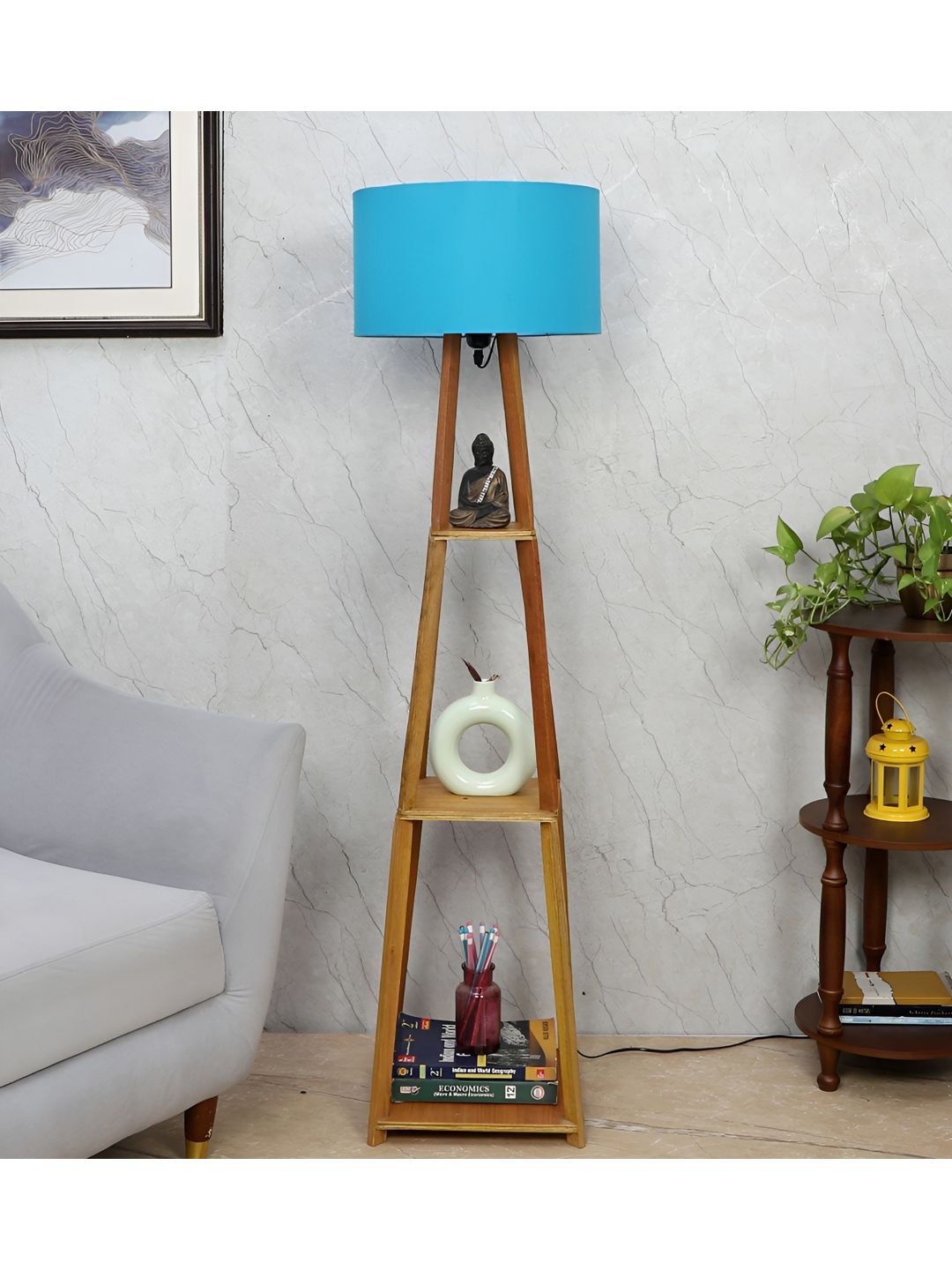 TU CASA Brown & Blue Wooden Cylindrical Shaped Floor Lamp-picture-21