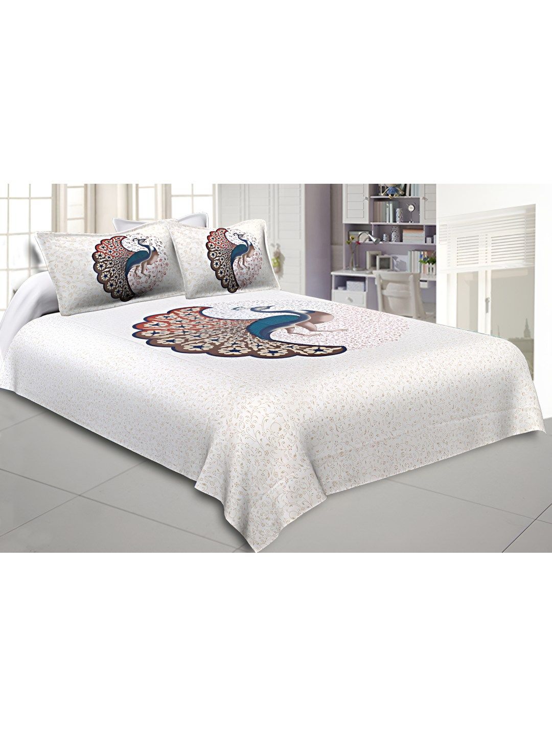 BED-SHEET.COM White & Blue Printed 180 TC Cotton King Bedsheet With 2 Pillow Covers-picture-27