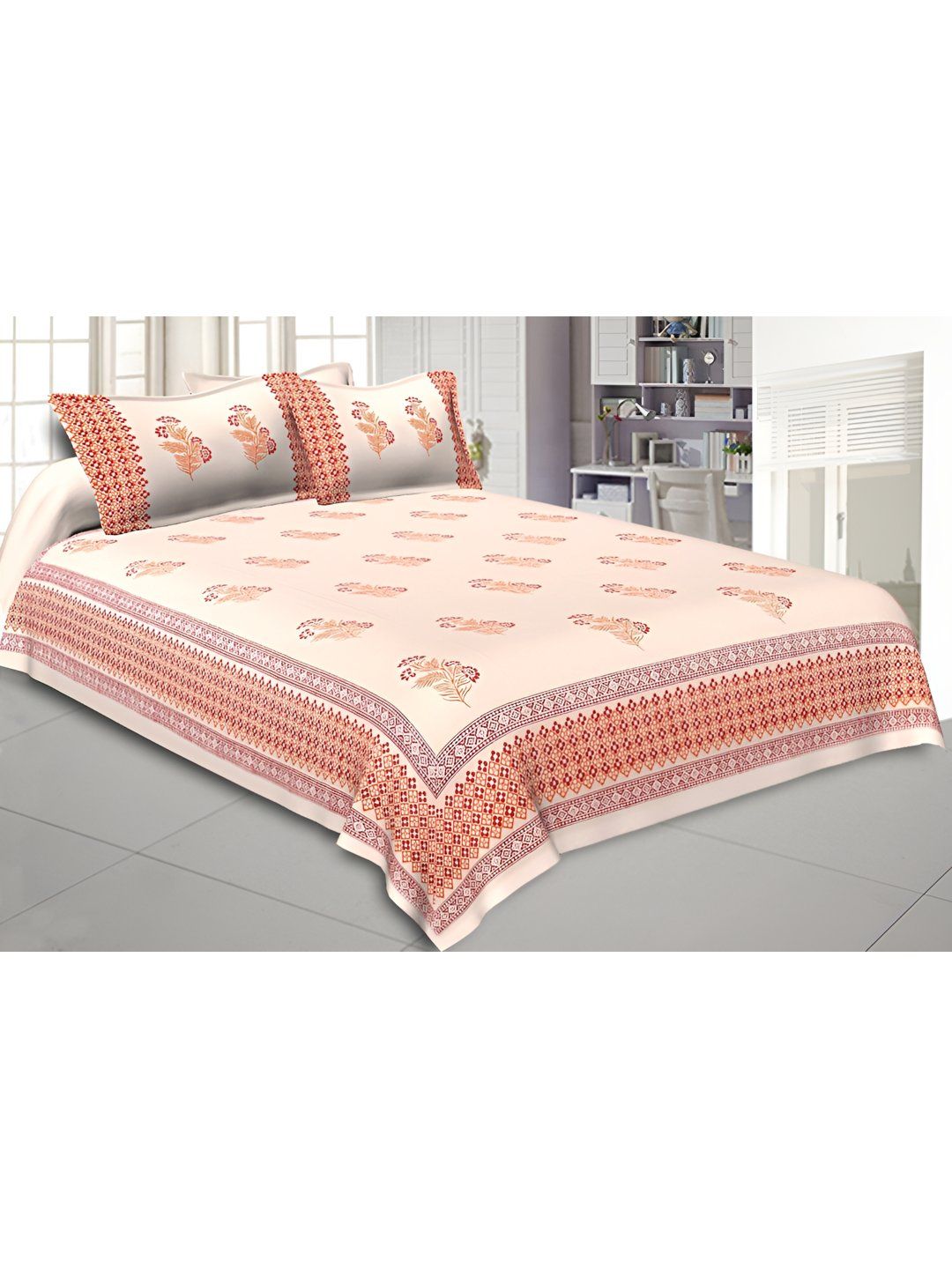 BED-SHEET.COM Red & Pink Printed 120 TC Cotton King Bedsheet With 2 Pillow Covers-picture-32