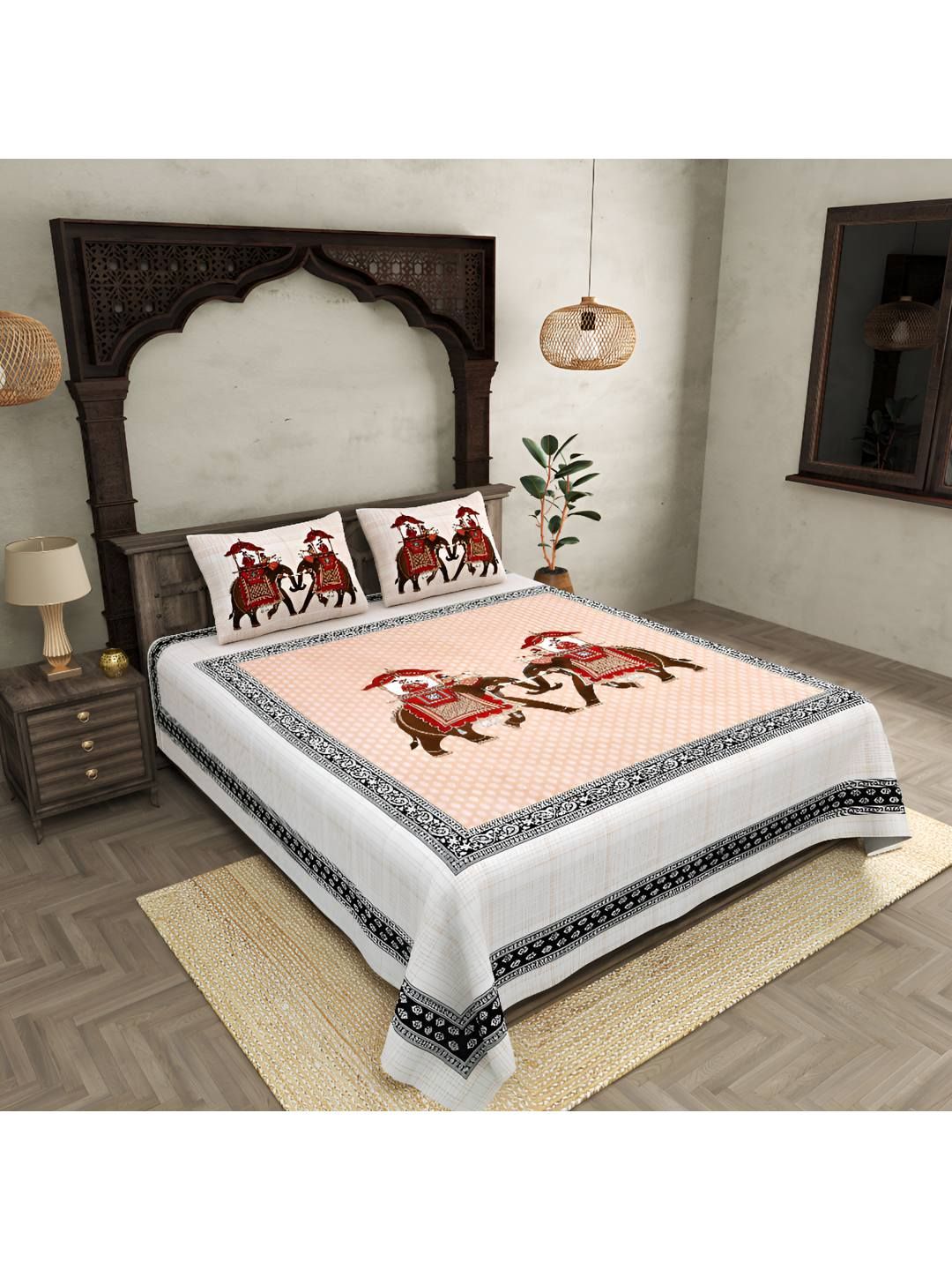 BED-SHEET.COM Peach & Red Ethnic Motifs 250 TC Cotton King Bedsheet with 2 Pillow Covers-image-12