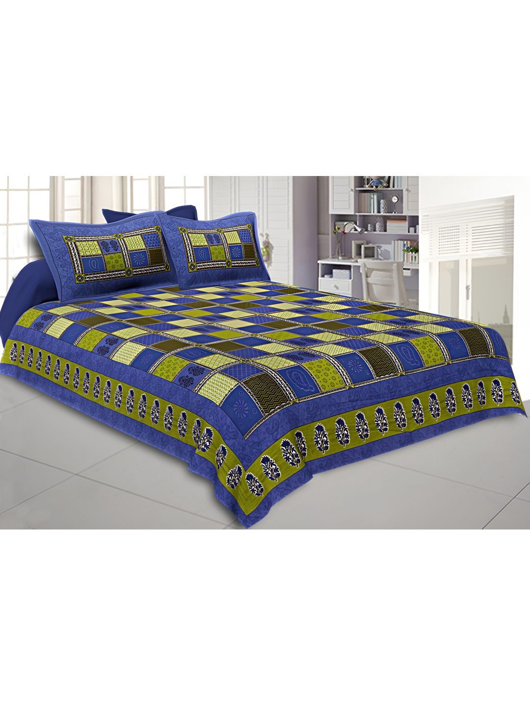 BED-SHEET.COM Green & Blue Geometric 144 TC Cotton King Bedsheet with 2 Pillow Covers-image-32