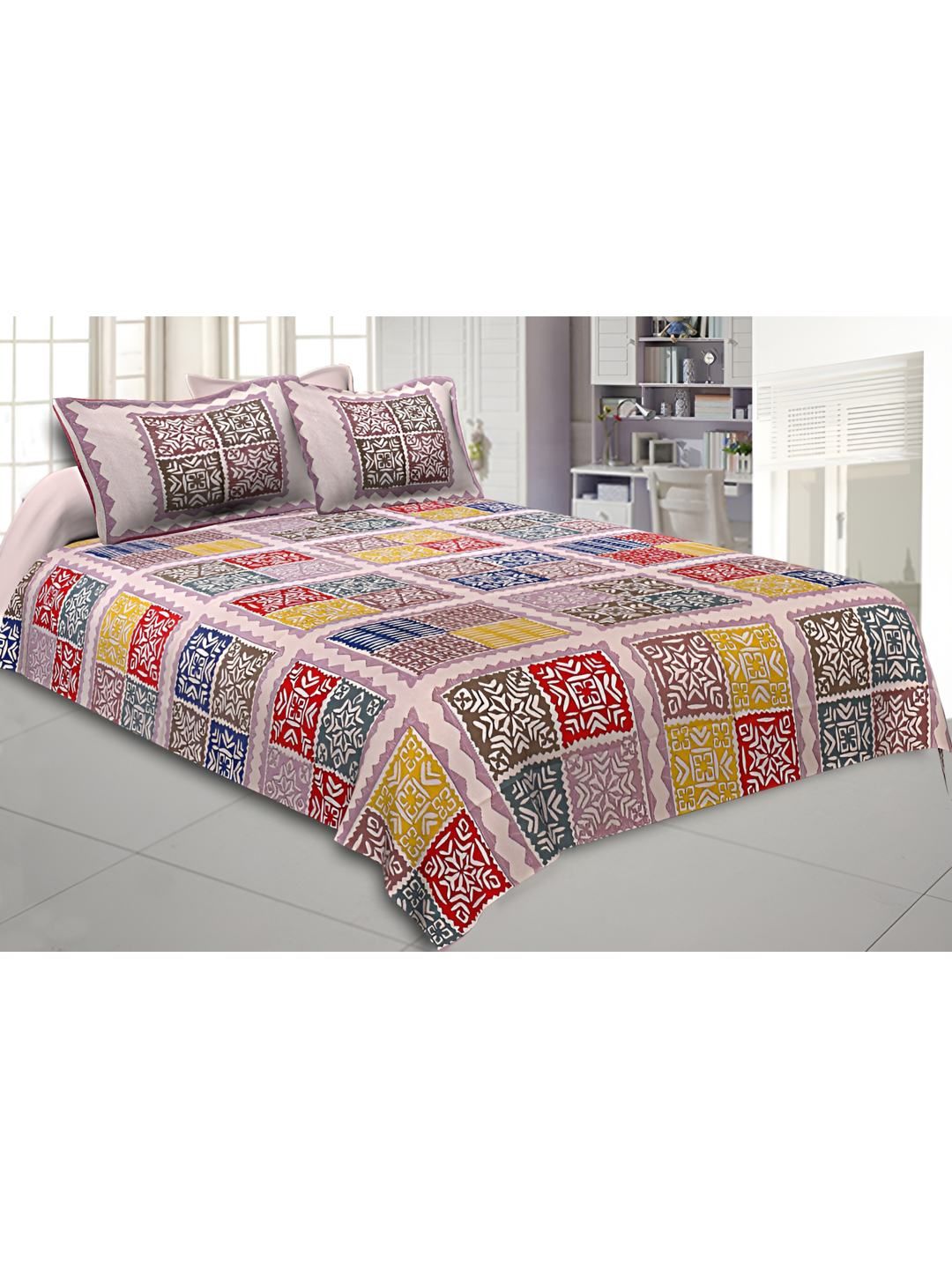 BED-SHEET.COM Red & Blue Printed 250 TC Cotton King Bedsheet With 2 Pillow Covers-image-29