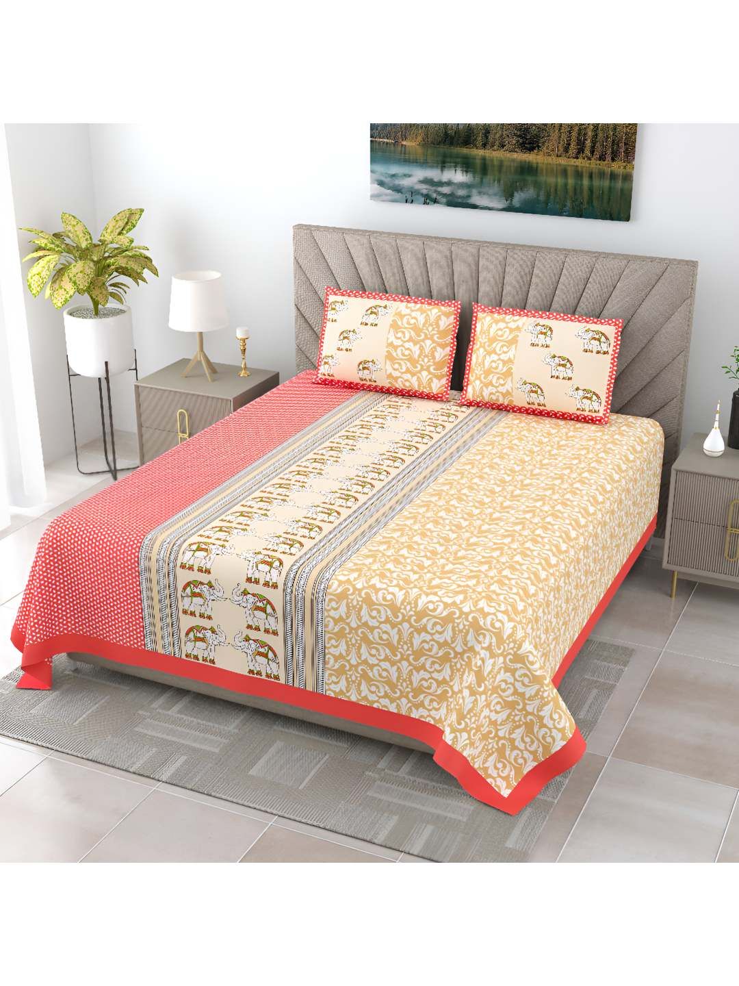 BED-SHEET.COM Yellow Ethnic Motifs 250 TC Cotton King Bedsheet with 2 Pillow Covers-image-46