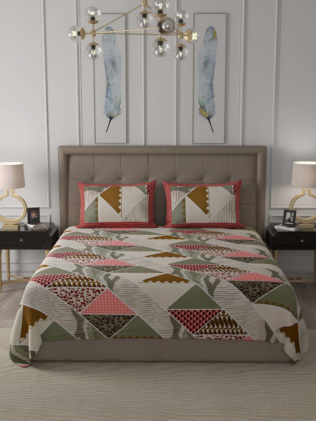 BED-SHEET.COM White & Green Geometric 250 TC Cotton King Bedsheet with 2 Pillow Covers-image-5