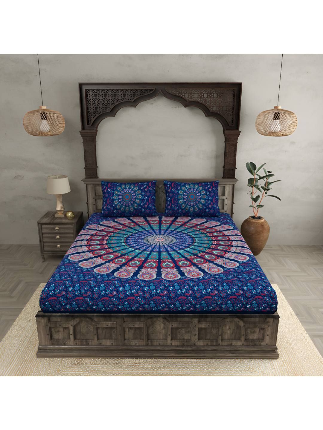 BED-SHEET.COM Blue & Red Printed Cotton 120 TC King Bedsheet With 2 Pillow Covers-picture-28