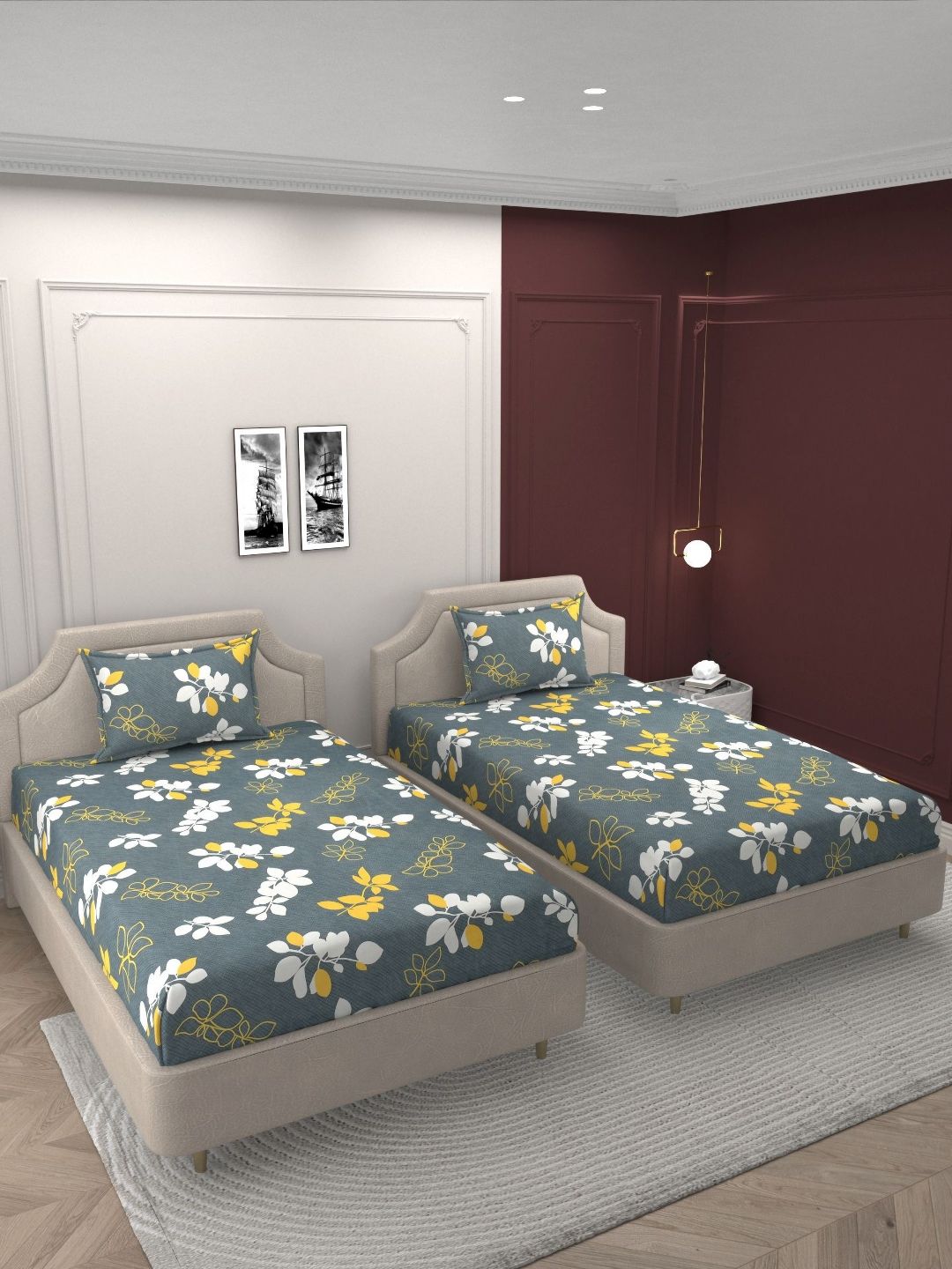 Bromwick Grey & White 4 Pieces Floral 250 TC Cotton Single Bedsheet & Pillow Covers-picture-12
