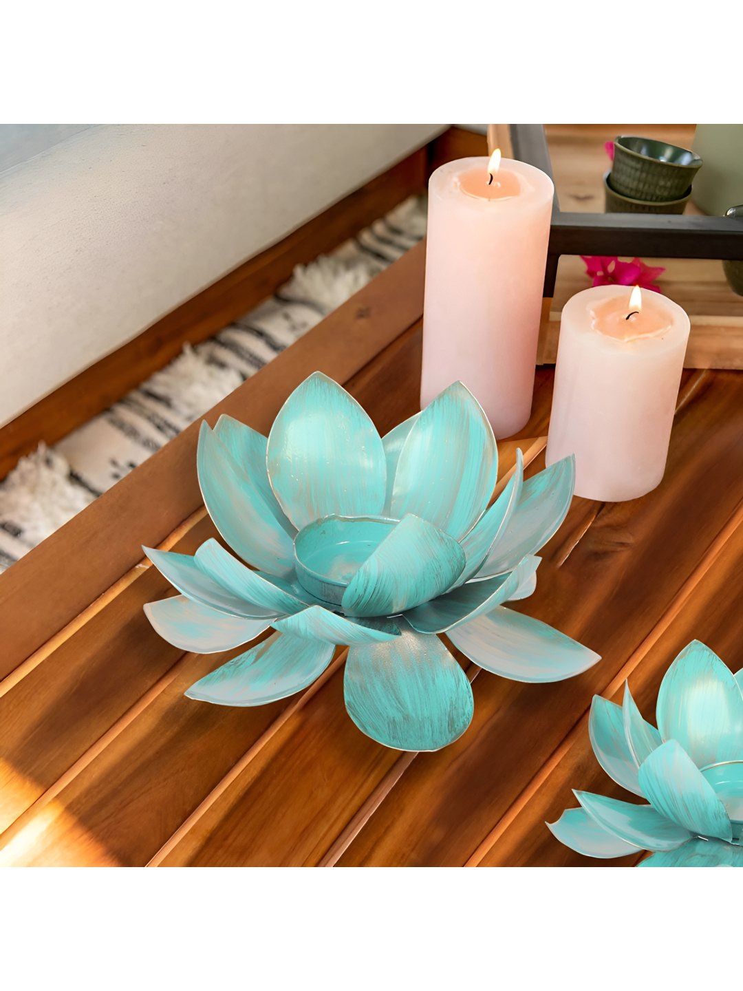 THE HOME CO. Blue & Brown Textured Lotus Shaped Candle Holder-picture-10