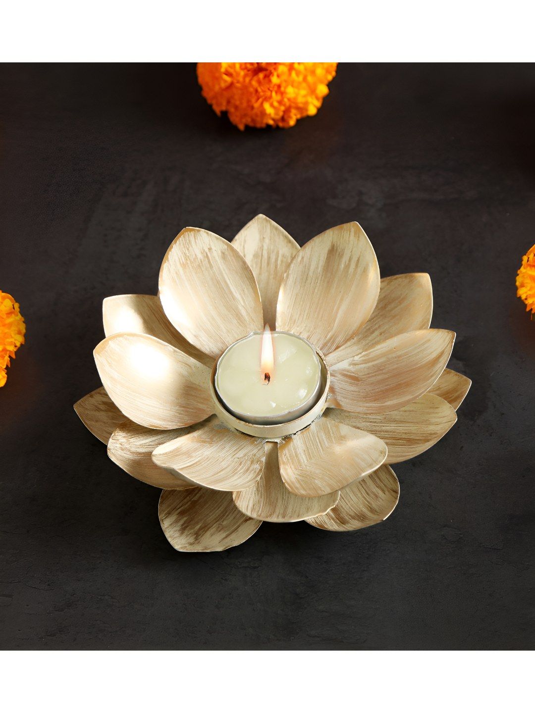 THE HOME CO. White & Gold-Toned Lotus Candle Holder-picture-25