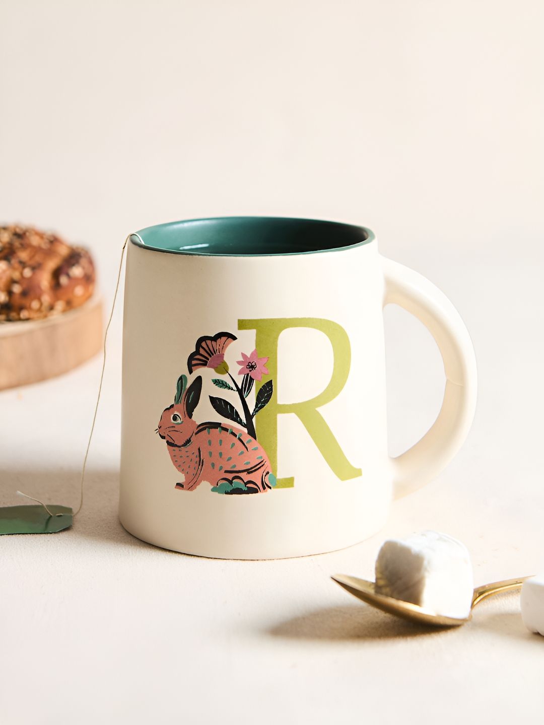 Chumbak Off White & Green Printed Ceramic Glossy Mug 300 ml