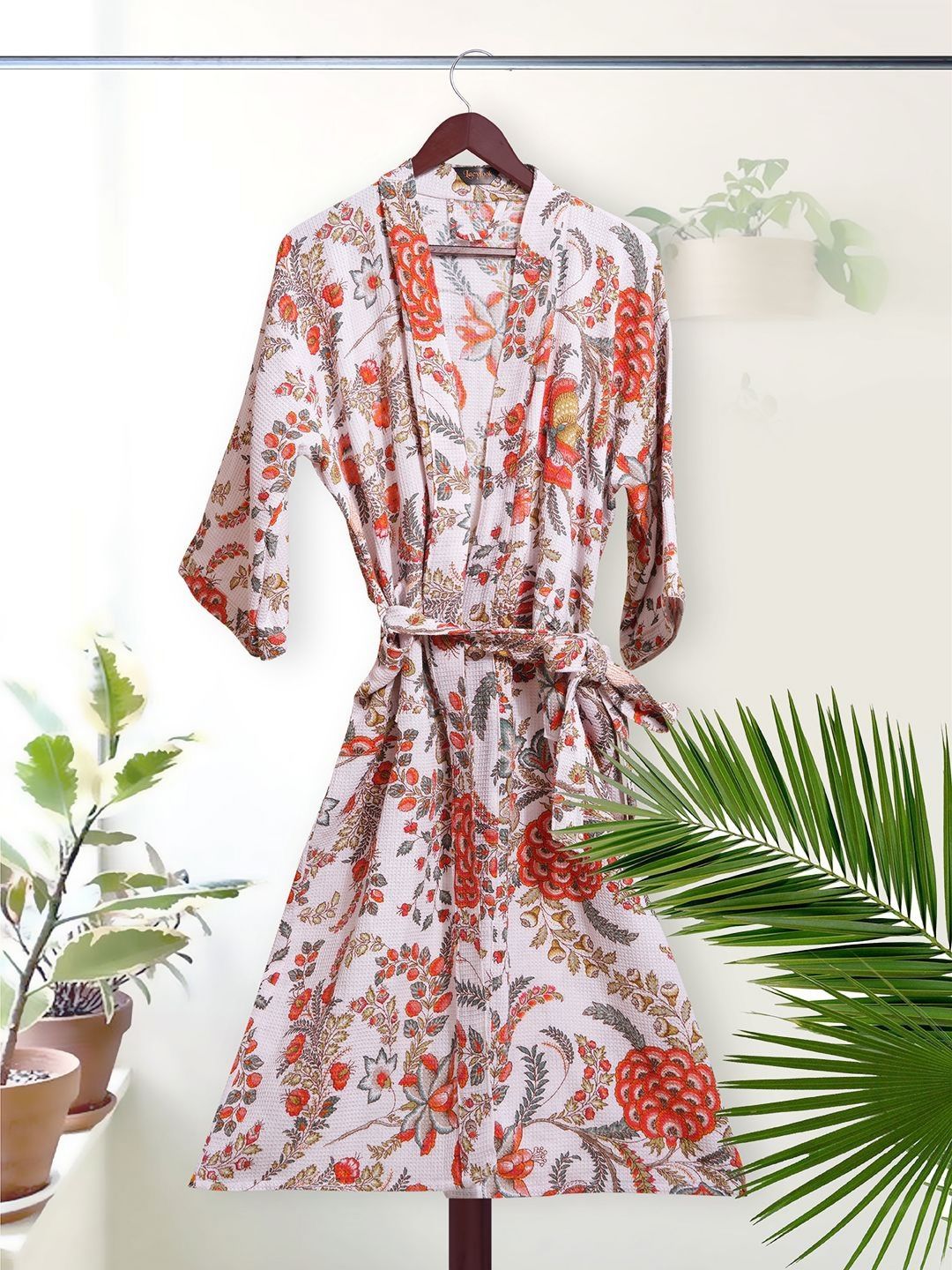 HotGown Women White & Orange Floral Printed Pure Cotton Bath Robe-picture-49