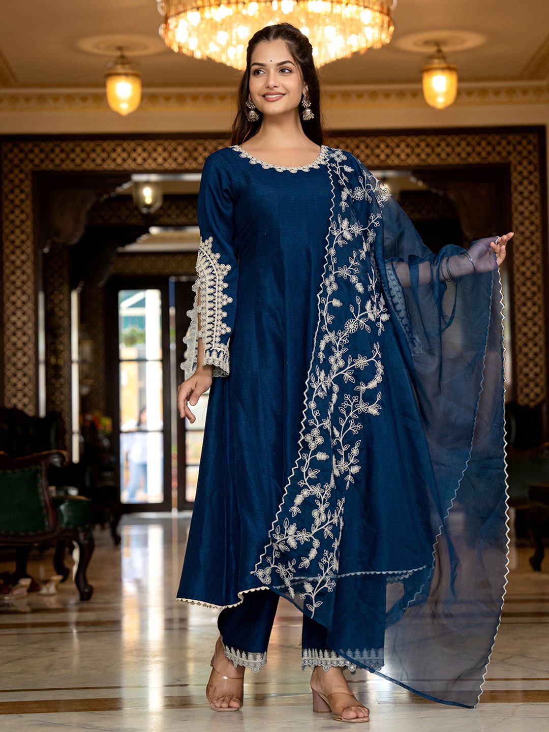 Ensemble Kurta Anarkali Femme 3 Pièces - Imprimé Élégant Avec Palazzo & Dupatta