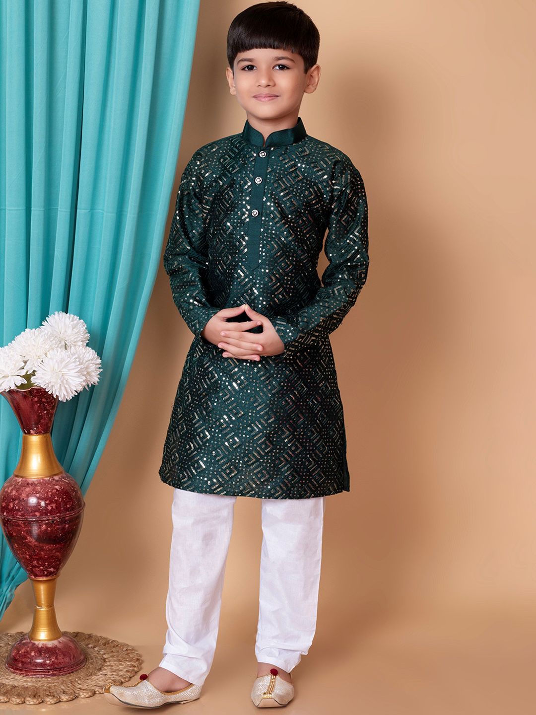 BAESD Boys Floral Embroidered Mandarin Collar Dupion Silk Straight Kurta with Pyjamas-picture-42