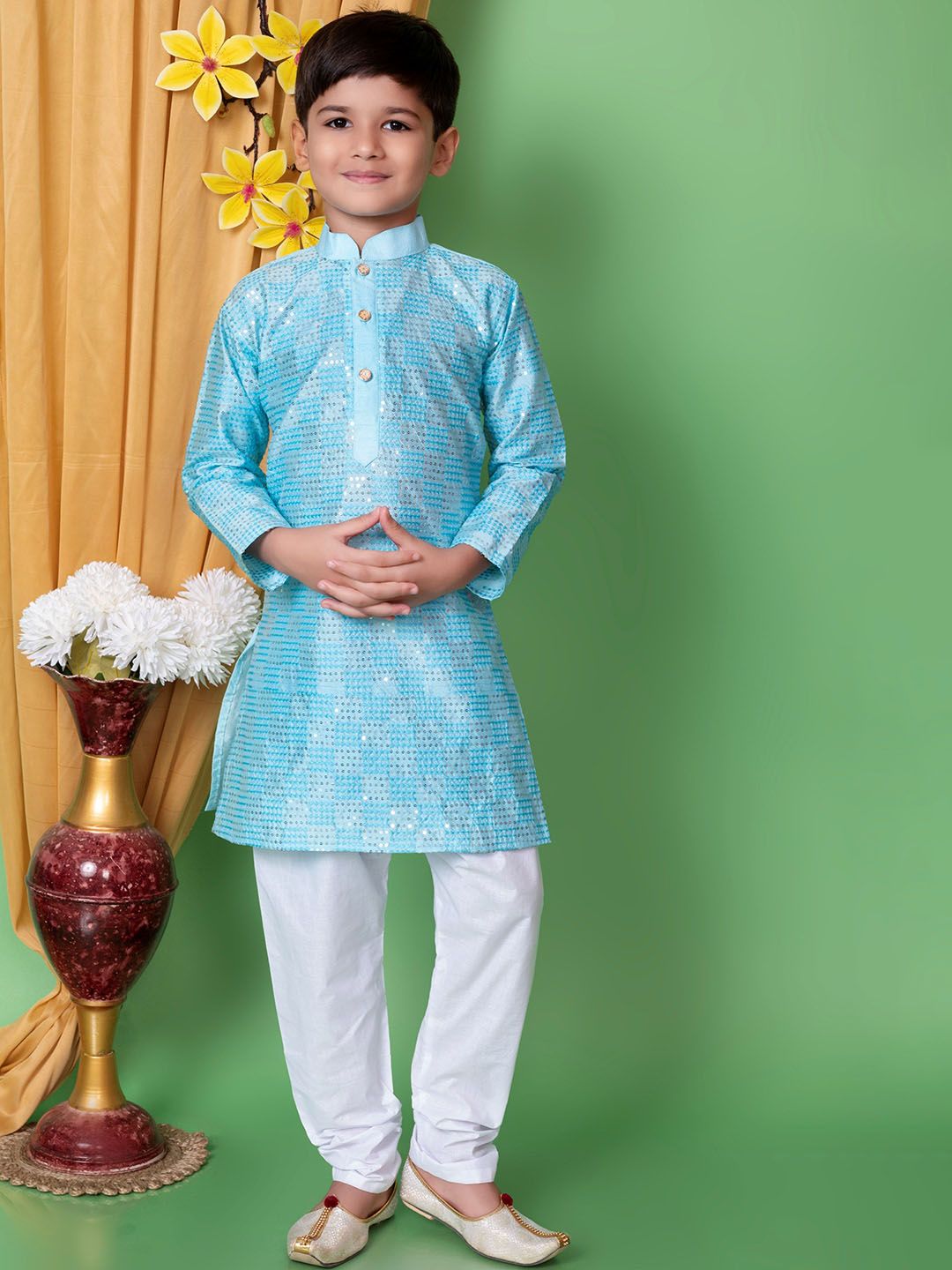 BAESD Boys Ethnic Motifs Embroidered Mandarin Collar Dupion Silk Straight Kurta & Pyjamas-picture-19