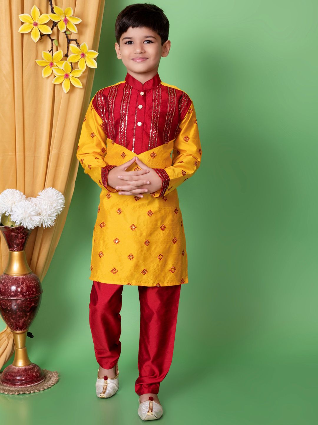BAESD Boys Ethinnic Motifs Embroidered Mandarin Collar Dupion Silk Straight Kurta &Patiala-picture-33