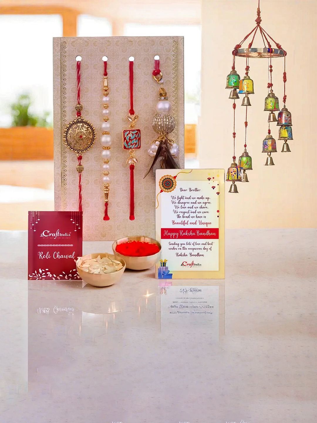 eCraftIndia Floral Beaded Lumba Designed Rakhis With Wall Hanging Gift Set-picture-22