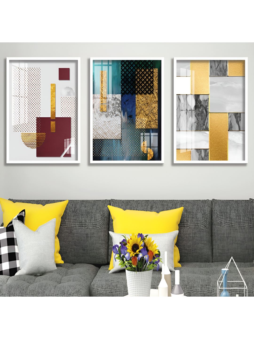 Aura White & Yellow 3 Piece Wooden Abstract Wall Art-picture-40