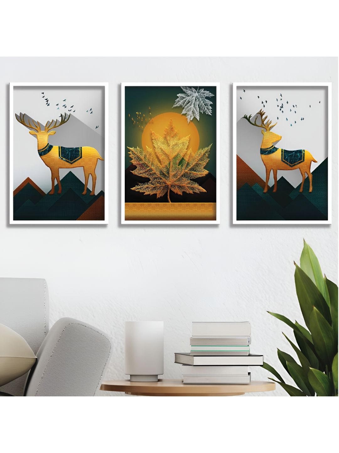 Aura White & Yellow 3 Pieces Wood Abstract Wall Paintings-picture-19