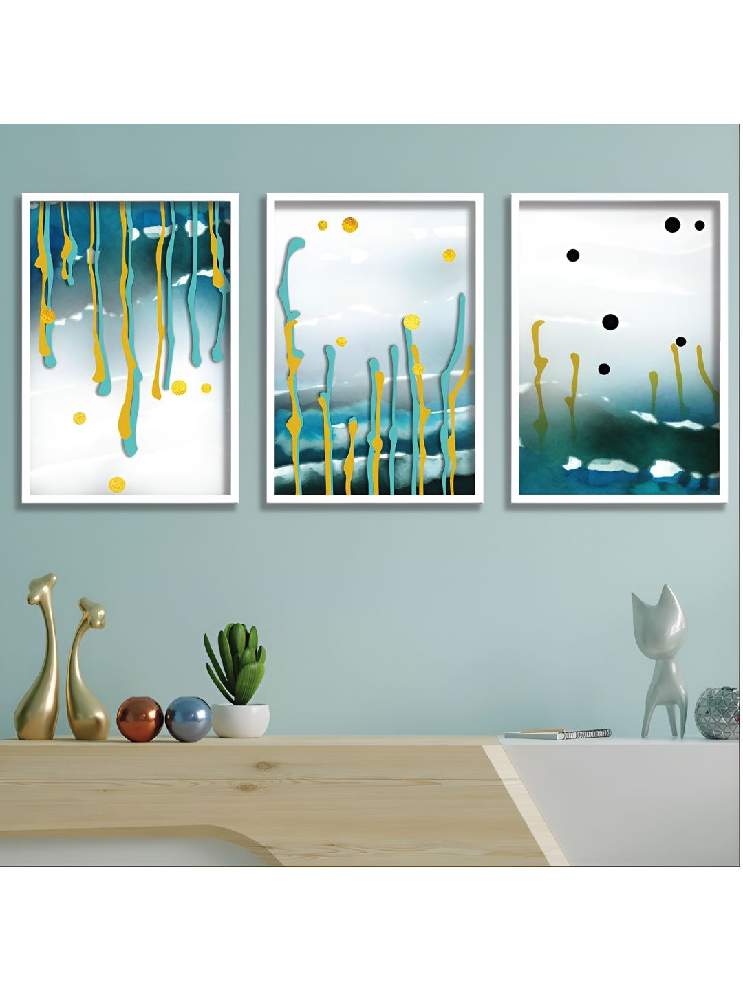 Aura White & Yellow 3 Pieces Wood Abstract Wall Paintings-picture-29