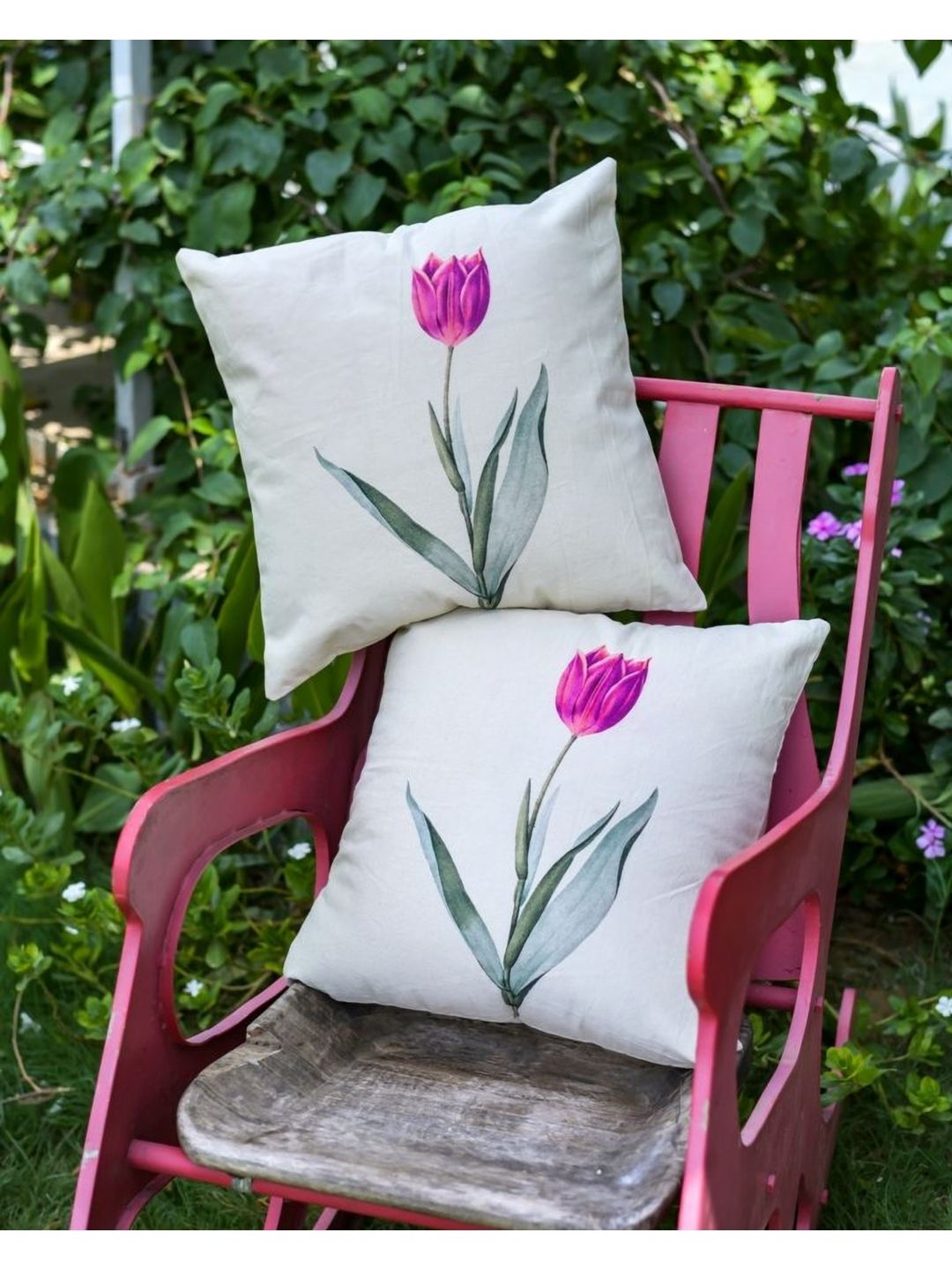 ABSTRACT INDIA White & Pink 2 Pieces Printed Cotton Square Cushion Covers-picture-27