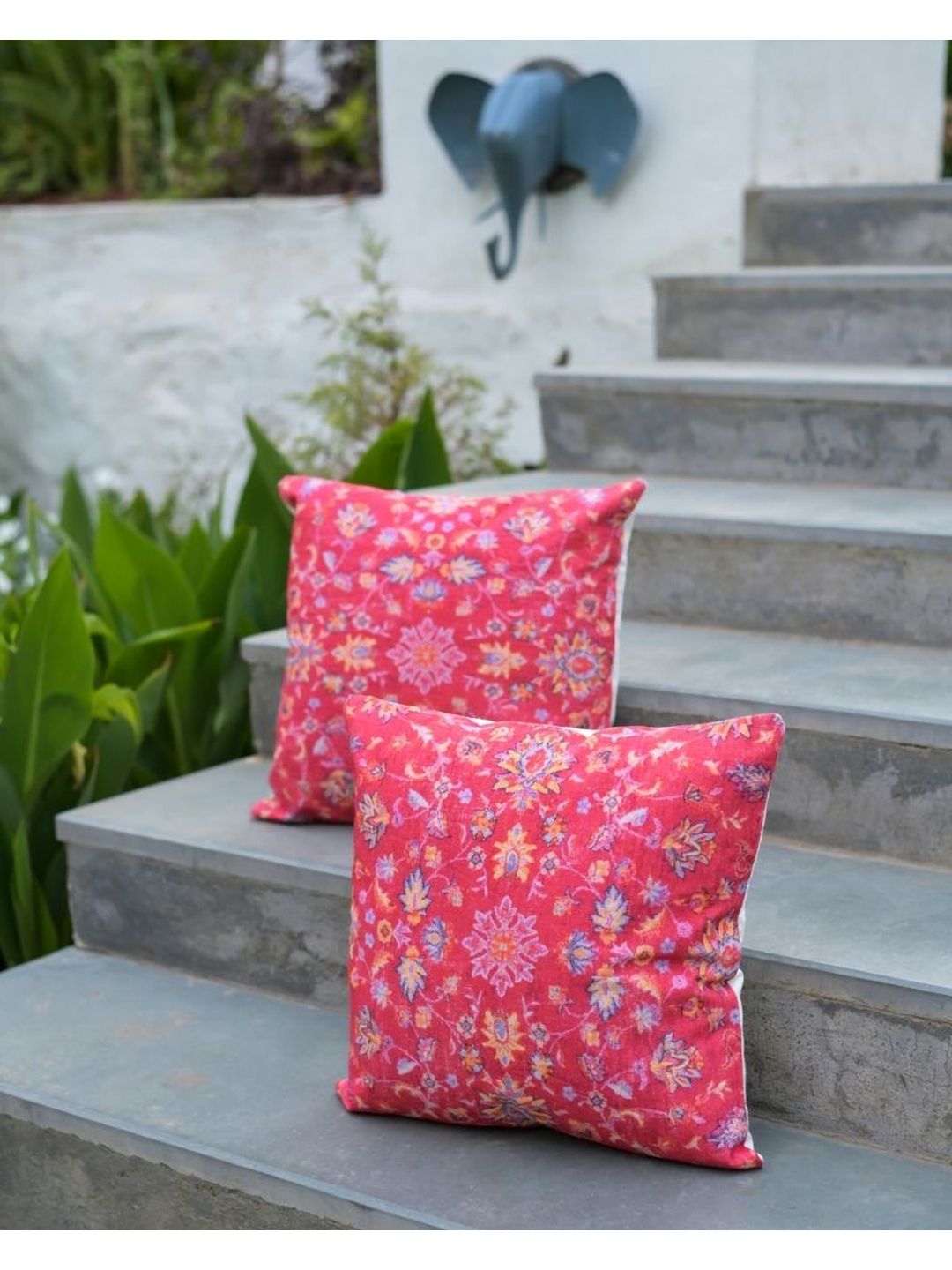 ABSTRACT INDIA Blue & Pink 2Pieces Floral Cotton Square Cushion Covers-picture-19
