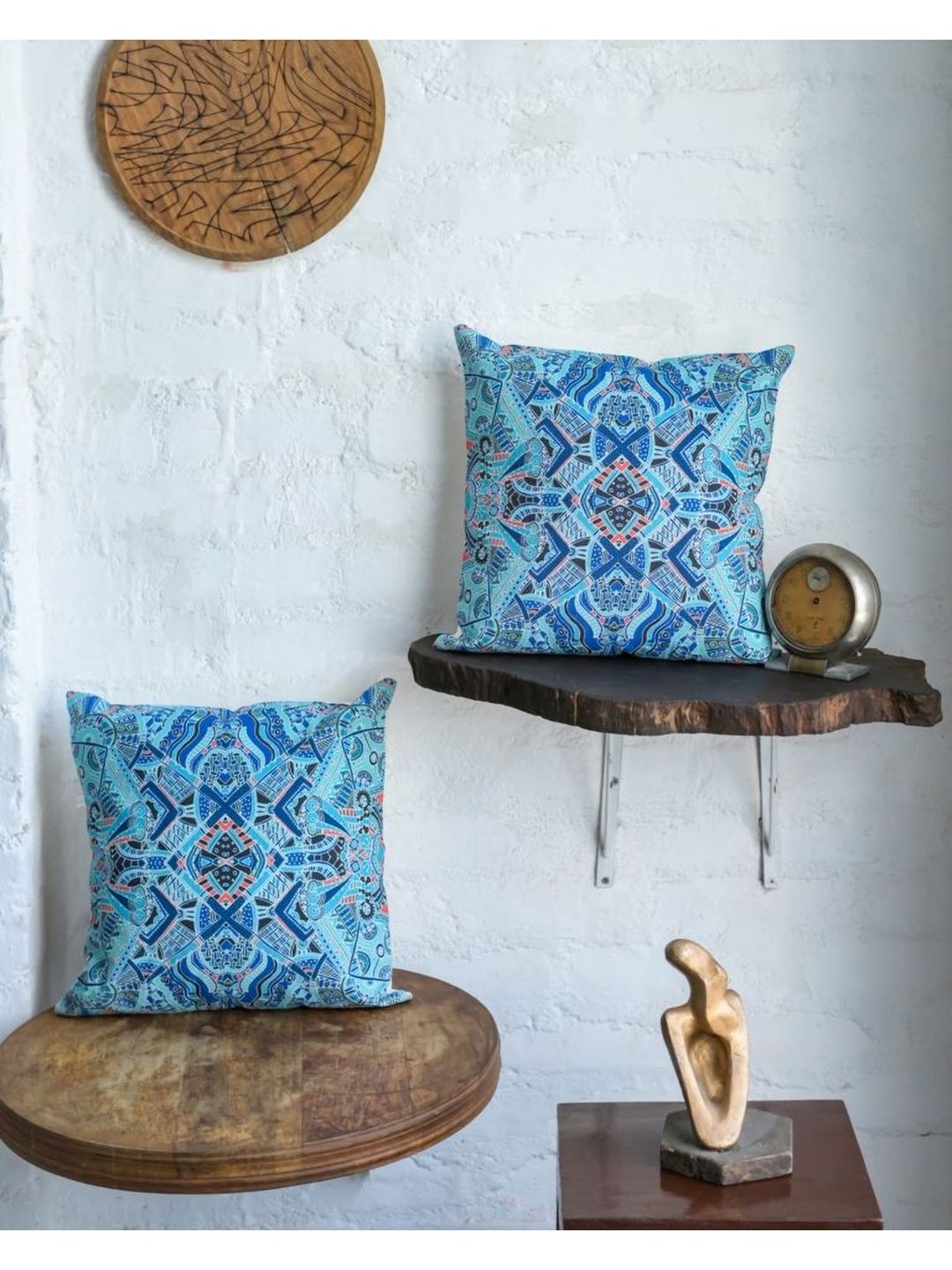 ABSTRACT INDIA Turquoise Blue 2 Pieces Printed Cotton Square Cushion Covers-picture-24