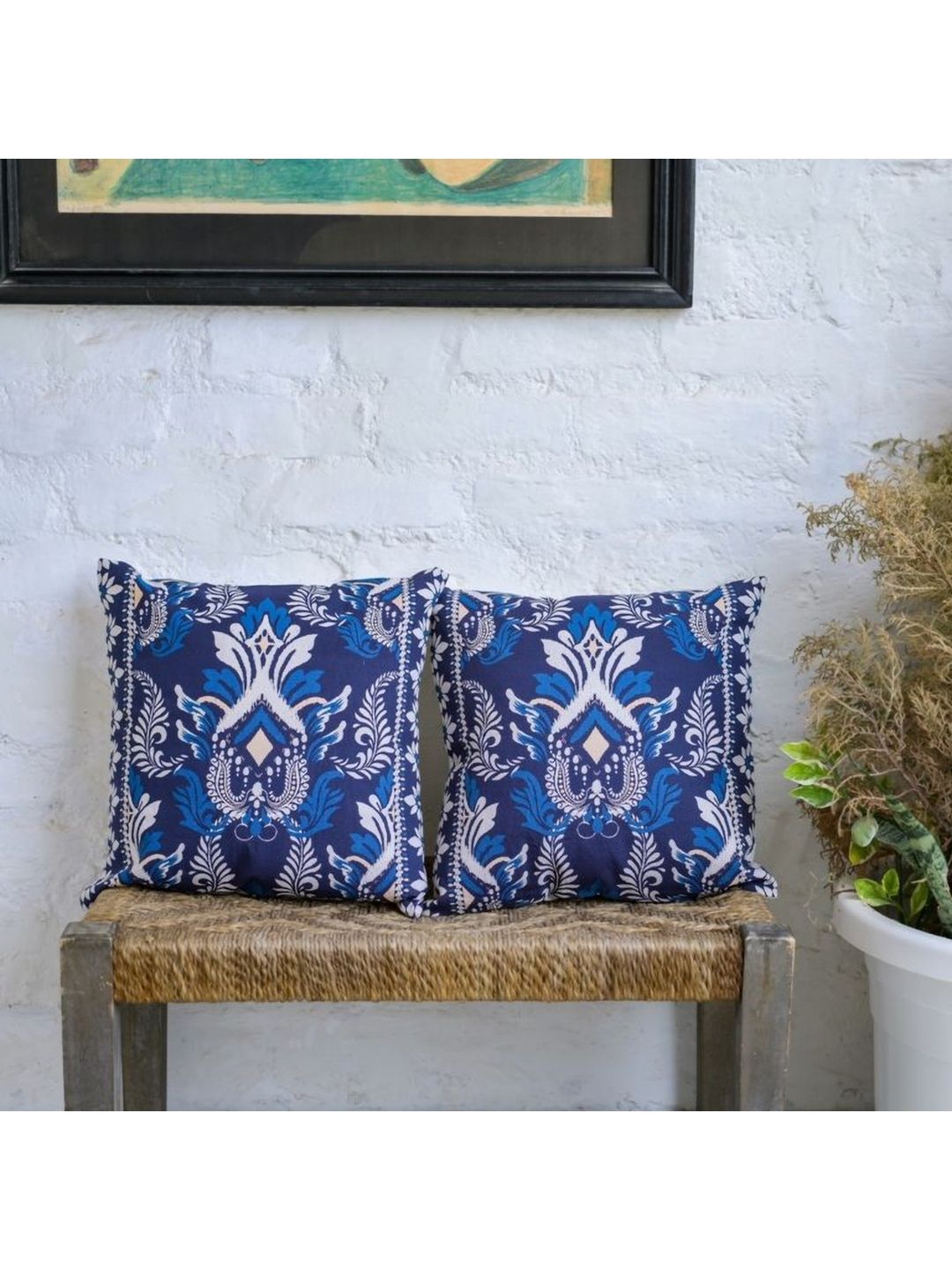 ABSTRACT INDIA Blue & Off White 2 Pieces Printed Cotton Square Cushion Covers-picture-33