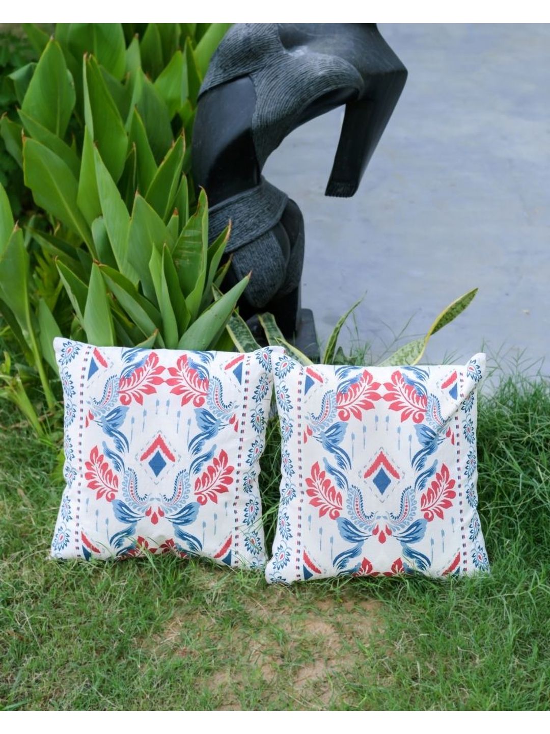 ABSTRACT INDIA White & Blue 2Pieces Floral Cotton Square Cushion Covers-picture-13