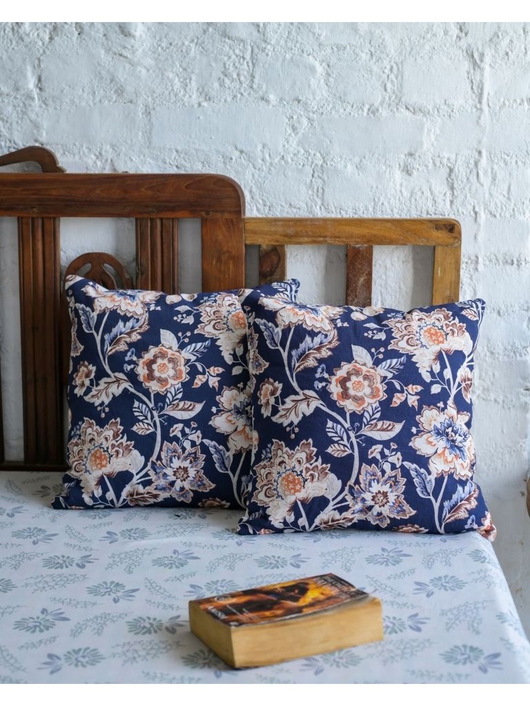 ABSTRACT INDIA Blue & Brown 2 Pieces Floral Printed Cotton Square Cushion Covers-picture-31