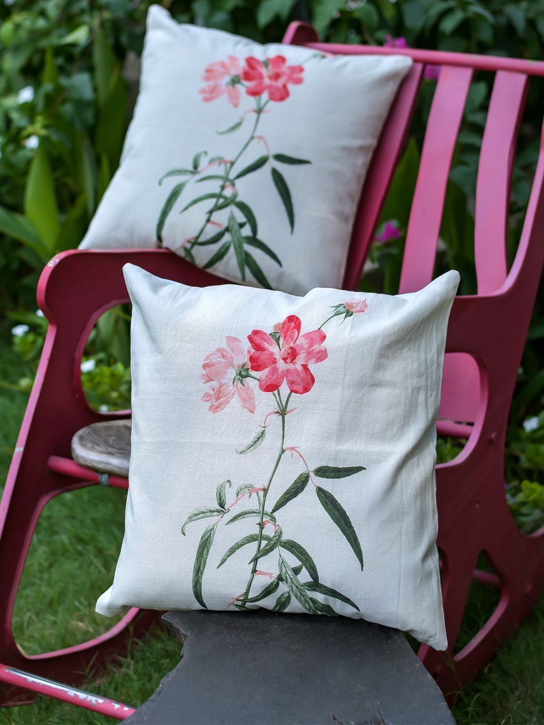 ABSTRACT INDIA White & Pink 2 Pieces Printed Cotton Square Cushion Covers-picture-10