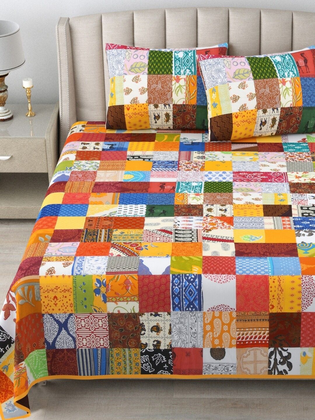 The Craft Monk Orange Printed Pure Cotton 300 TC Super King Bedsheet With 2 Pillow Covers-image-25