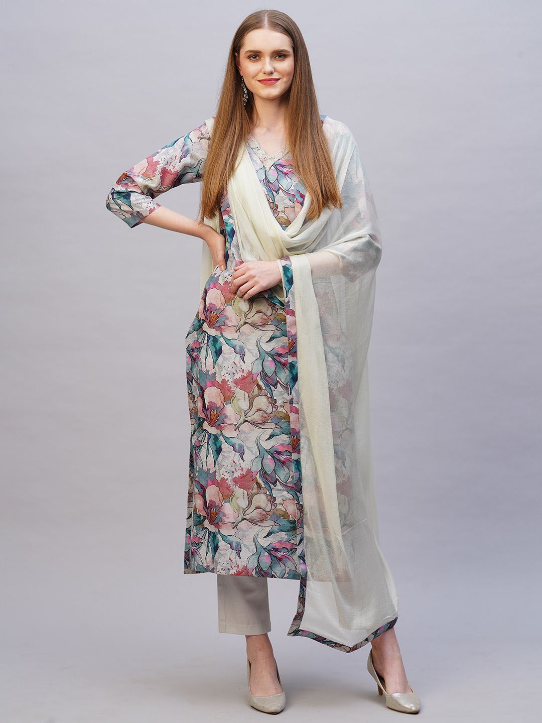 gosriki KALINI Floral Printed V-Neck Straight Kurta with Trousers & Dupatta-picture-37