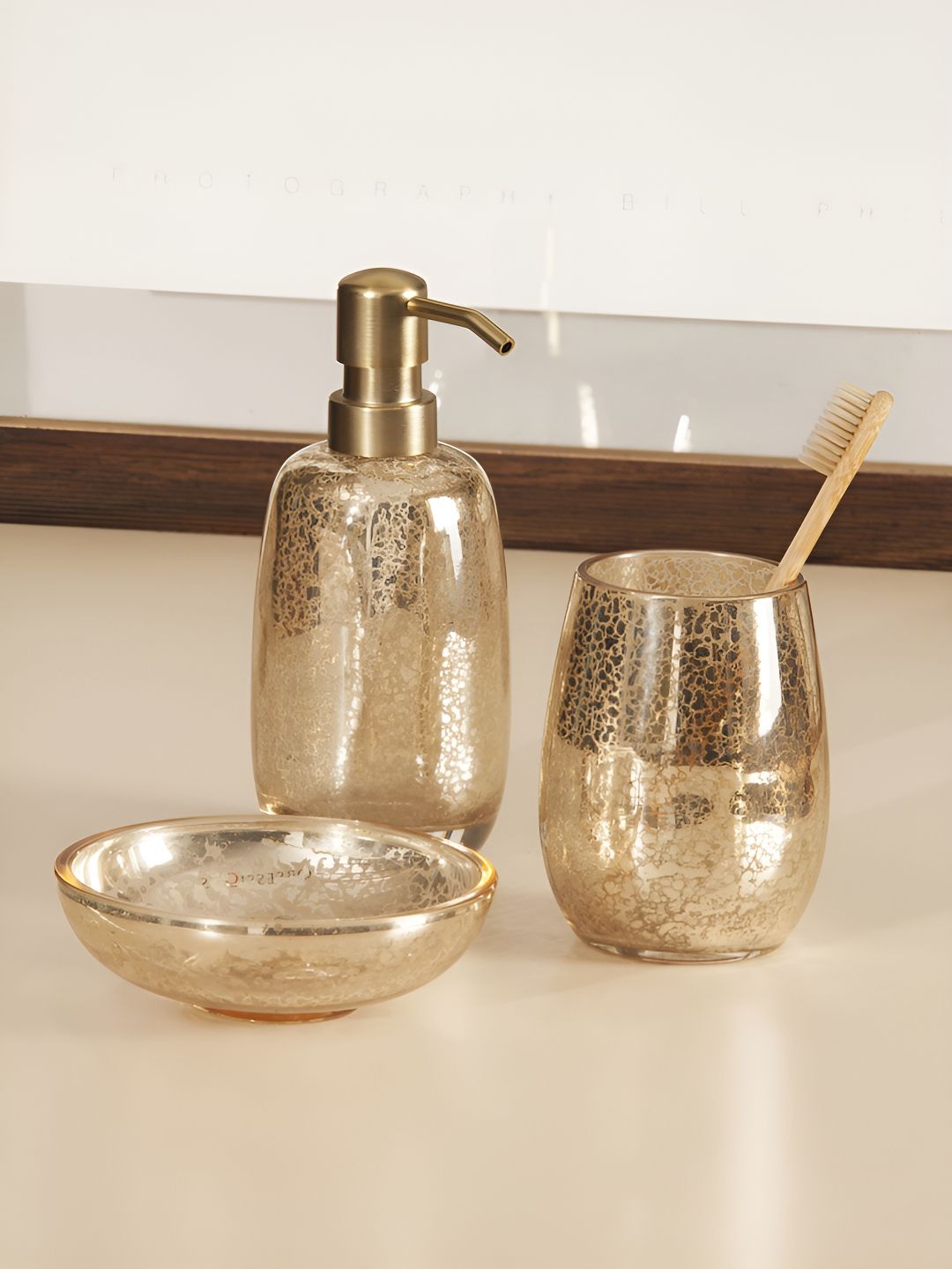 OBSESSIONS Gold-Toned 3 Pieces Glass Transparent Bath Accessories Set 400ml-image-22