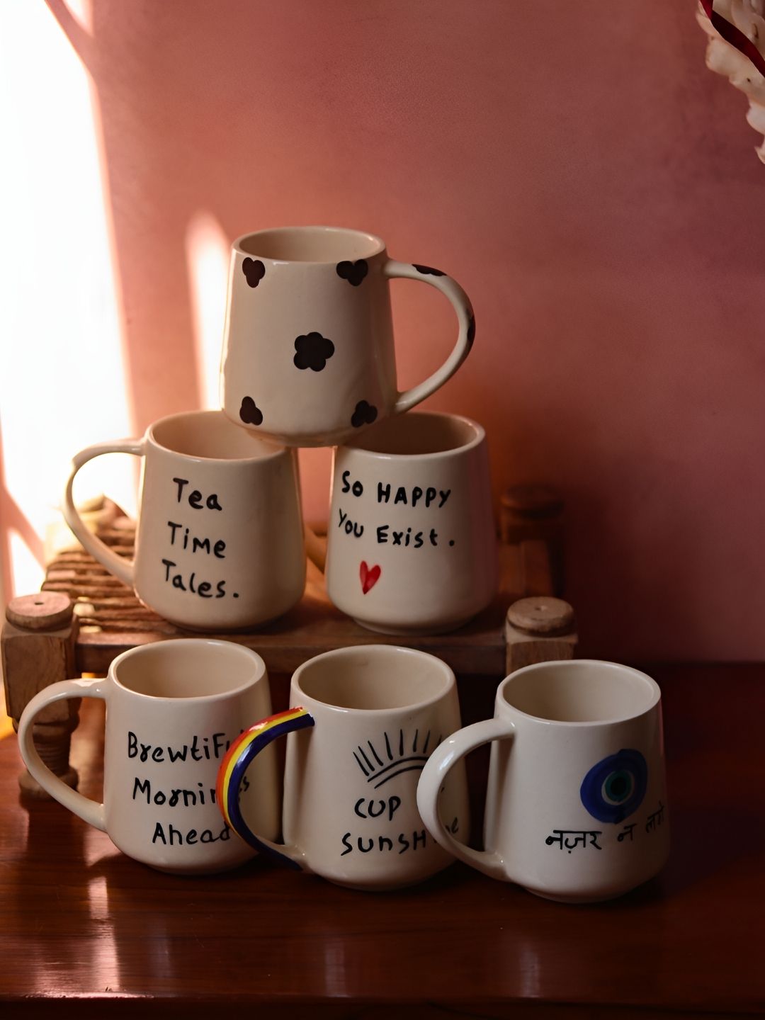 WEAVING HOMES White 6 Pieces Printed Microwave Safe Glossy Ceramic Mugs 250 ml Each-image-34
