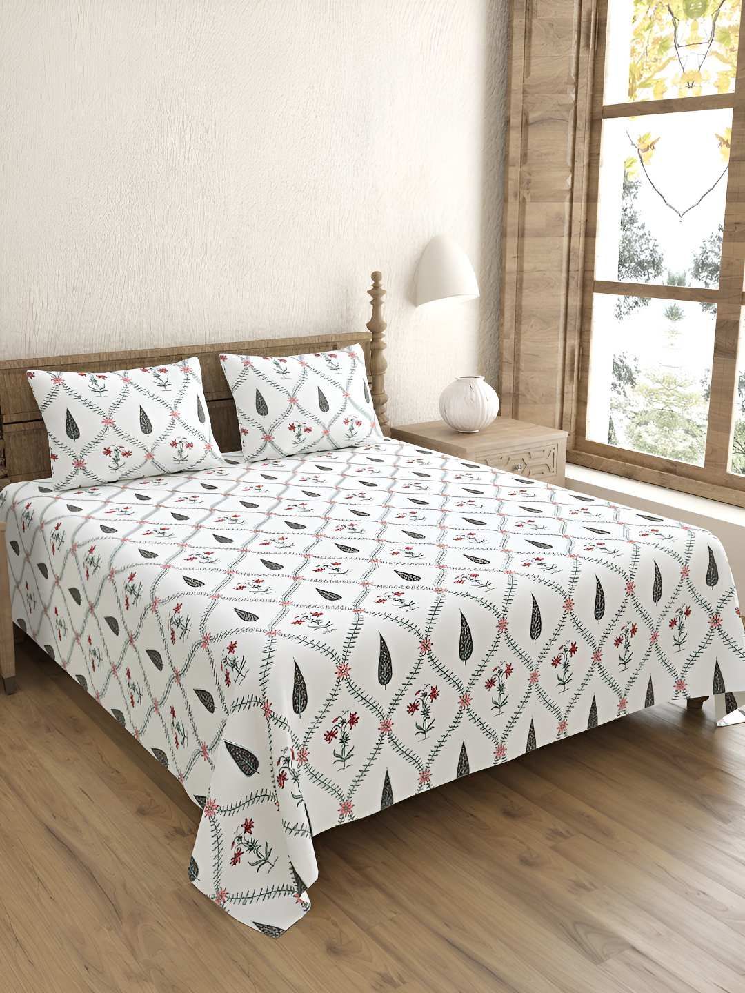 BED-SHEET.COM Pink & White Printed Cotton 240 TC King Bedsheet With 2 Pillow Covers-picture-26