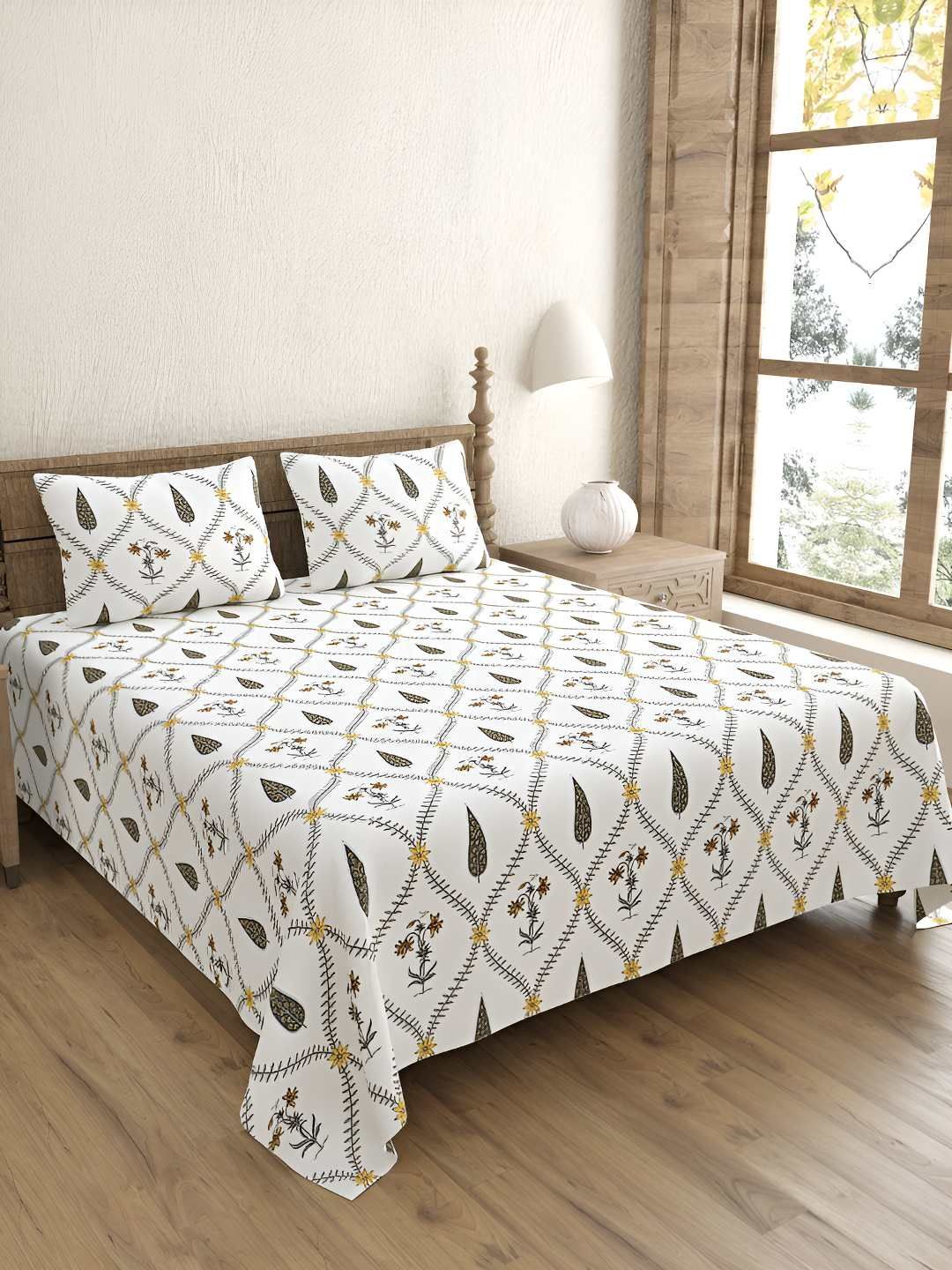 BED-SHEET.COM Yellow Ethnic Motifs 240 TC Cotton King Bedsheet with 2 Pillow Covers-image-43