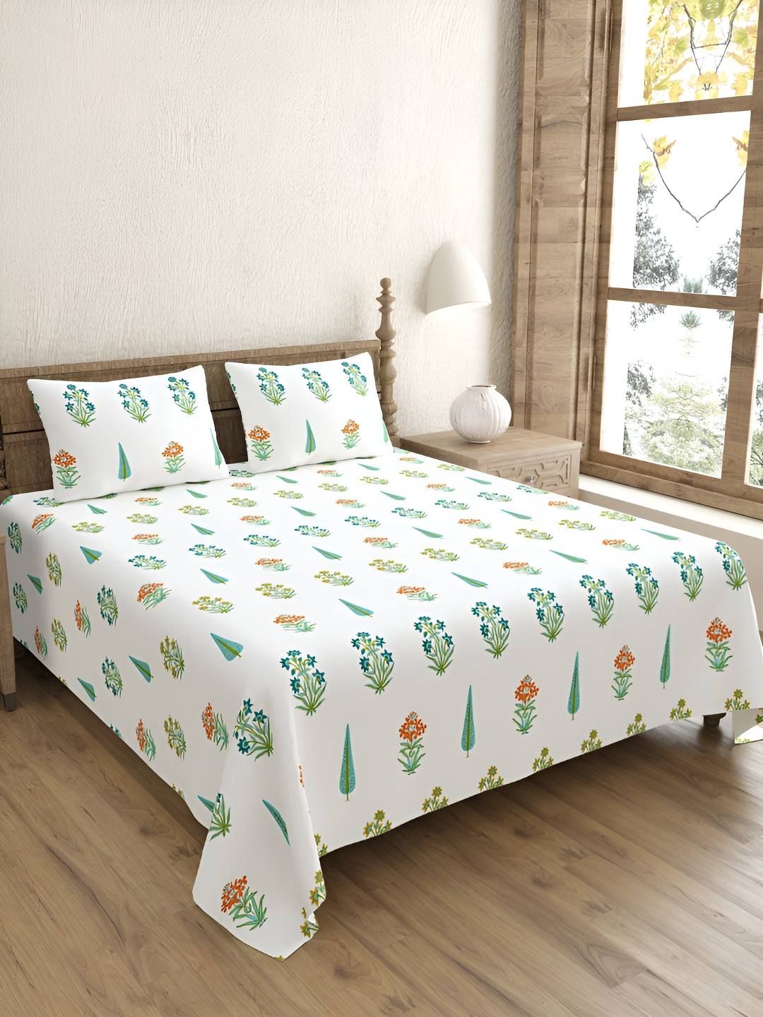 BED-SHEET.COM Blue & Green Floral Printed Cotton 240TC King Bedsheet With 2 Pillow Covers-image-43