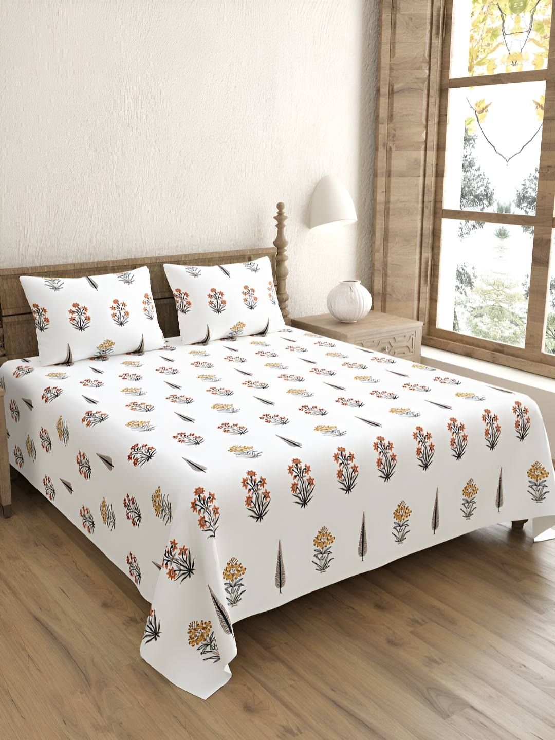 BED-SHEET.COM White & Orange Printed Cotton 240TC King Bedsheet With 2 Pillow Covers-image-19