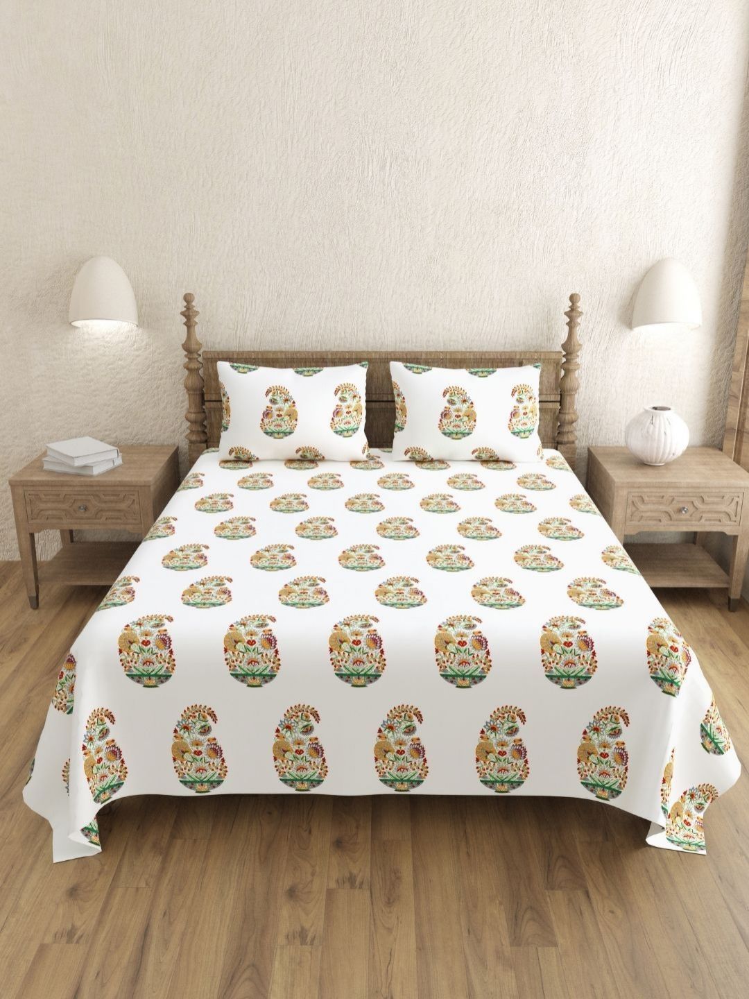 JAIPUR FABRIC White Ethnic Motifs Cotton 240 TC Double King Bedsheet with 2 Pillow Covers-image-39