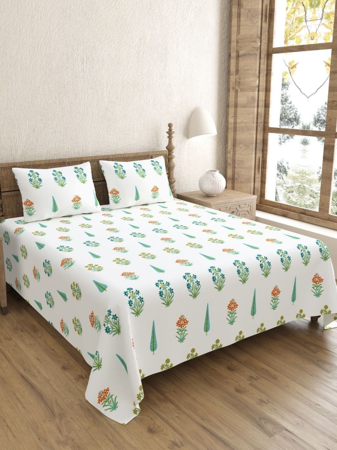 JAIPUR FABRIC Blue & Orange Floral 240 TC Cotton Double King Bedsheet with 2 Pillow Covers-picture-32