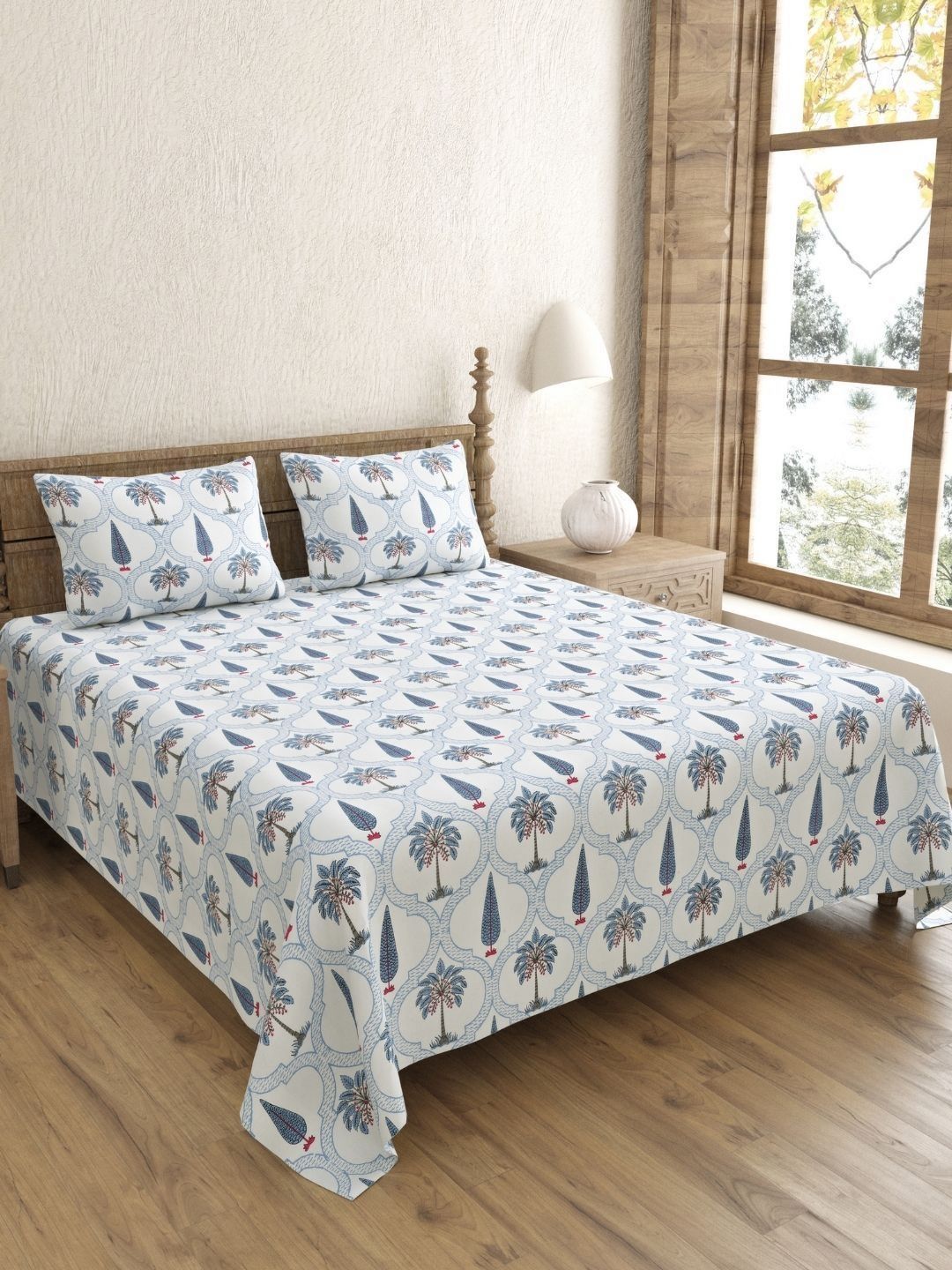 JAIPUR FABRIC Blue Ethnic Motifs Cotton 240 TC Double King Bedsheet & 2 Pillow Covers-image-26