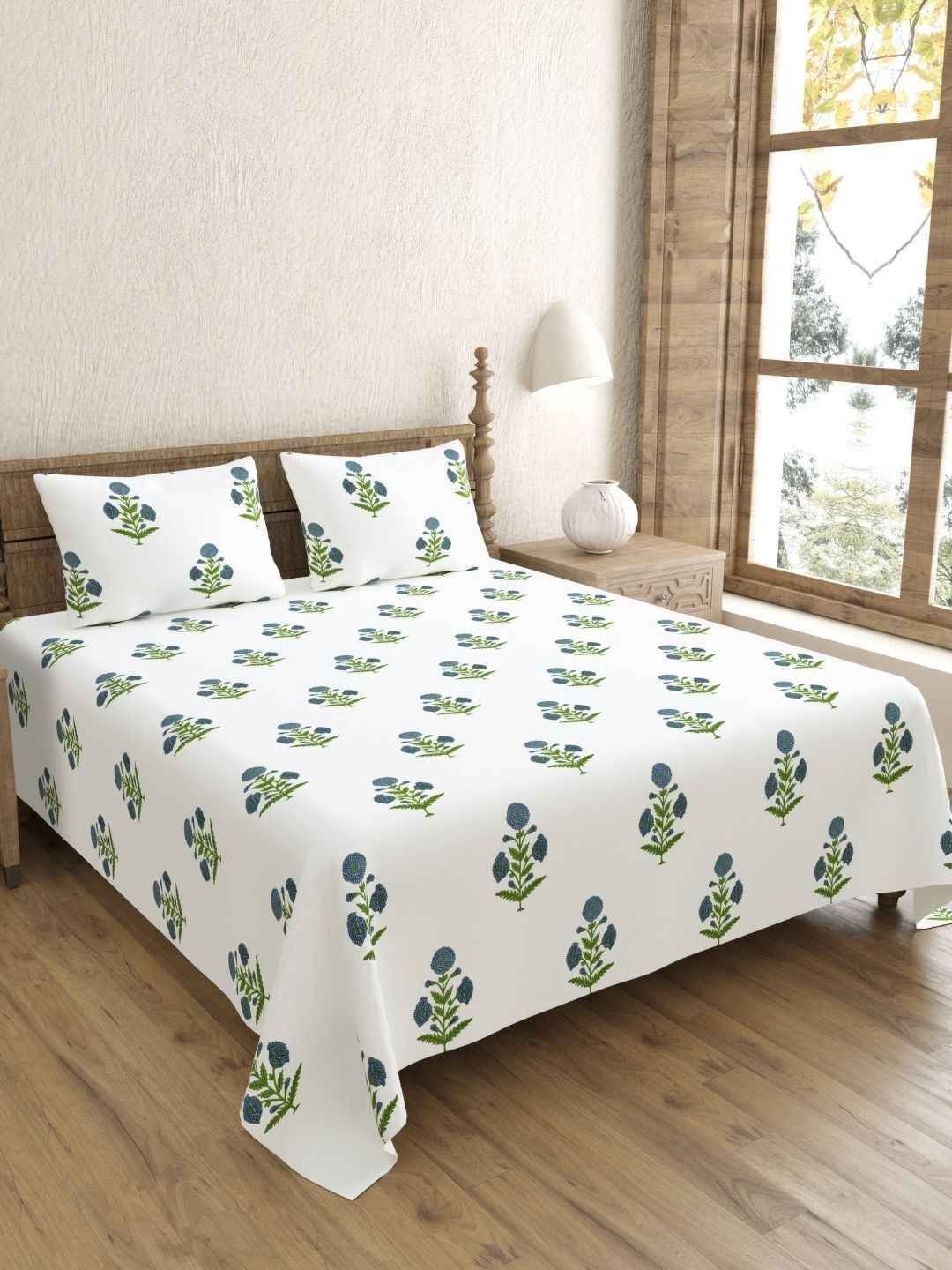 JAIPUR FABRIC White & Blue Floral Cotton 240 TC Double King Bedsheet with 2 Pillow Covers-image-42
