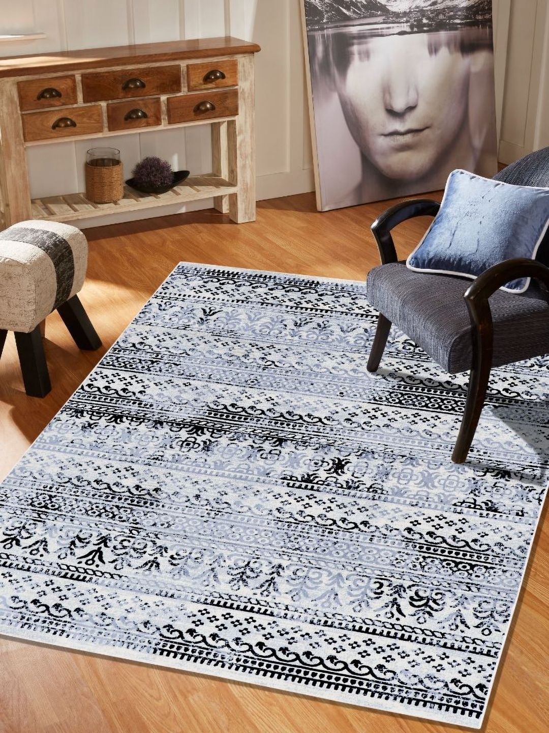 MODEFE Grey & White Floral Anti-Skid Rectangular Carpet-picture-34