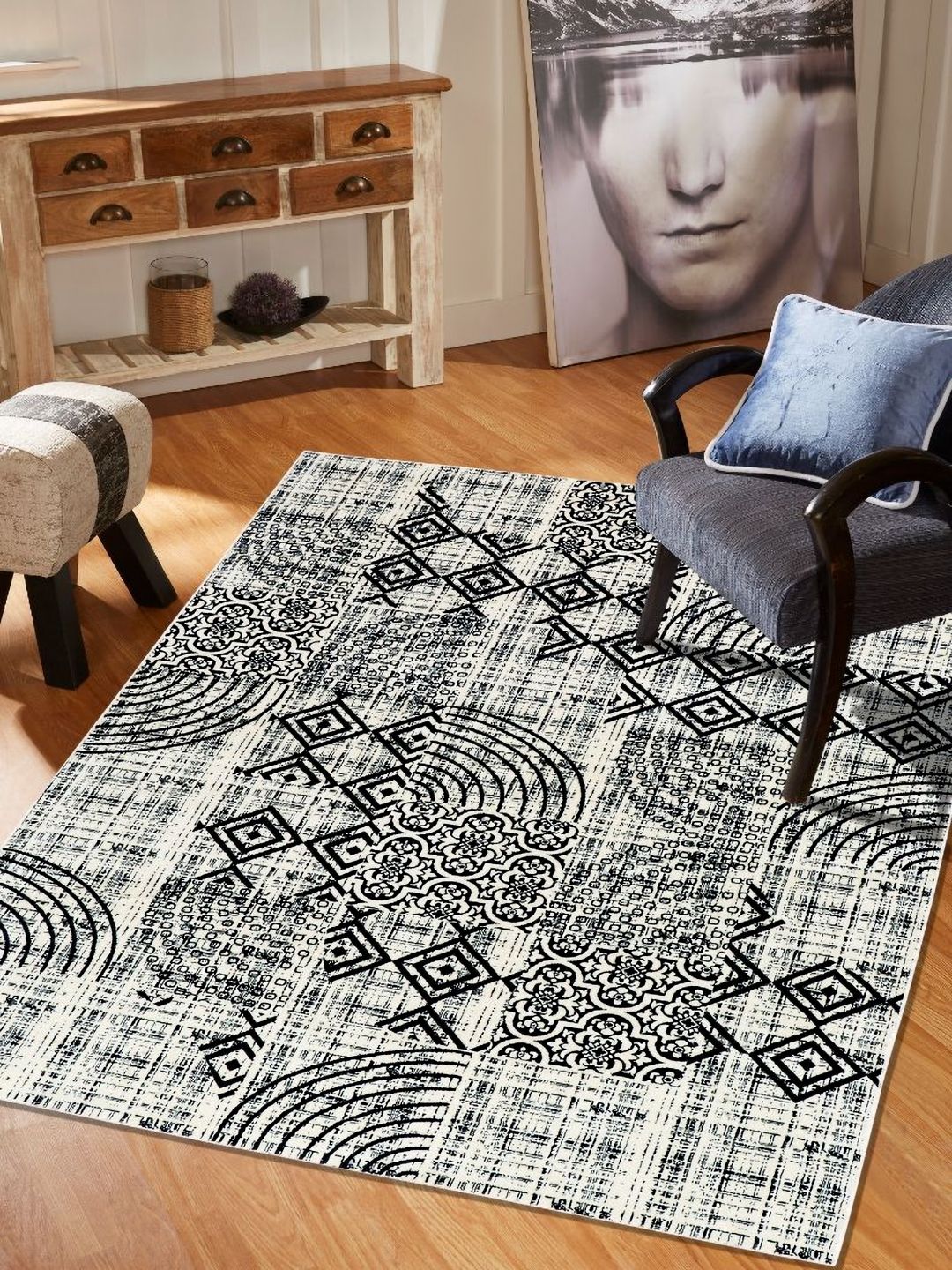 MODEFE Cream & Black Abstract Anti-Skid Rectangular Carpet-image-8