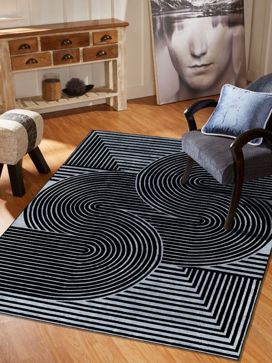MODEFE Grey & White Geometric Shaggy Anti-Skid Carpet-picture-31