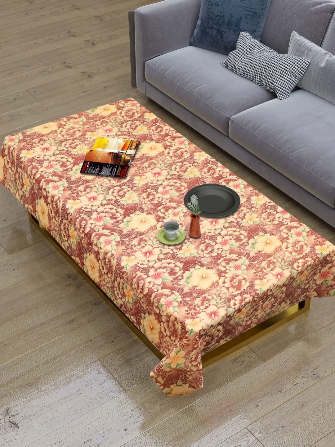 Dakshya Industries Beige & Brown Floral Printed Waterproof 4-Seater Table Cover-picture-29
