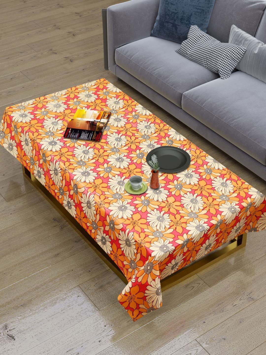Dakshya Industries Orange & Beige Floral Printed Waterproof 4-Seater Table Cover-picture-34